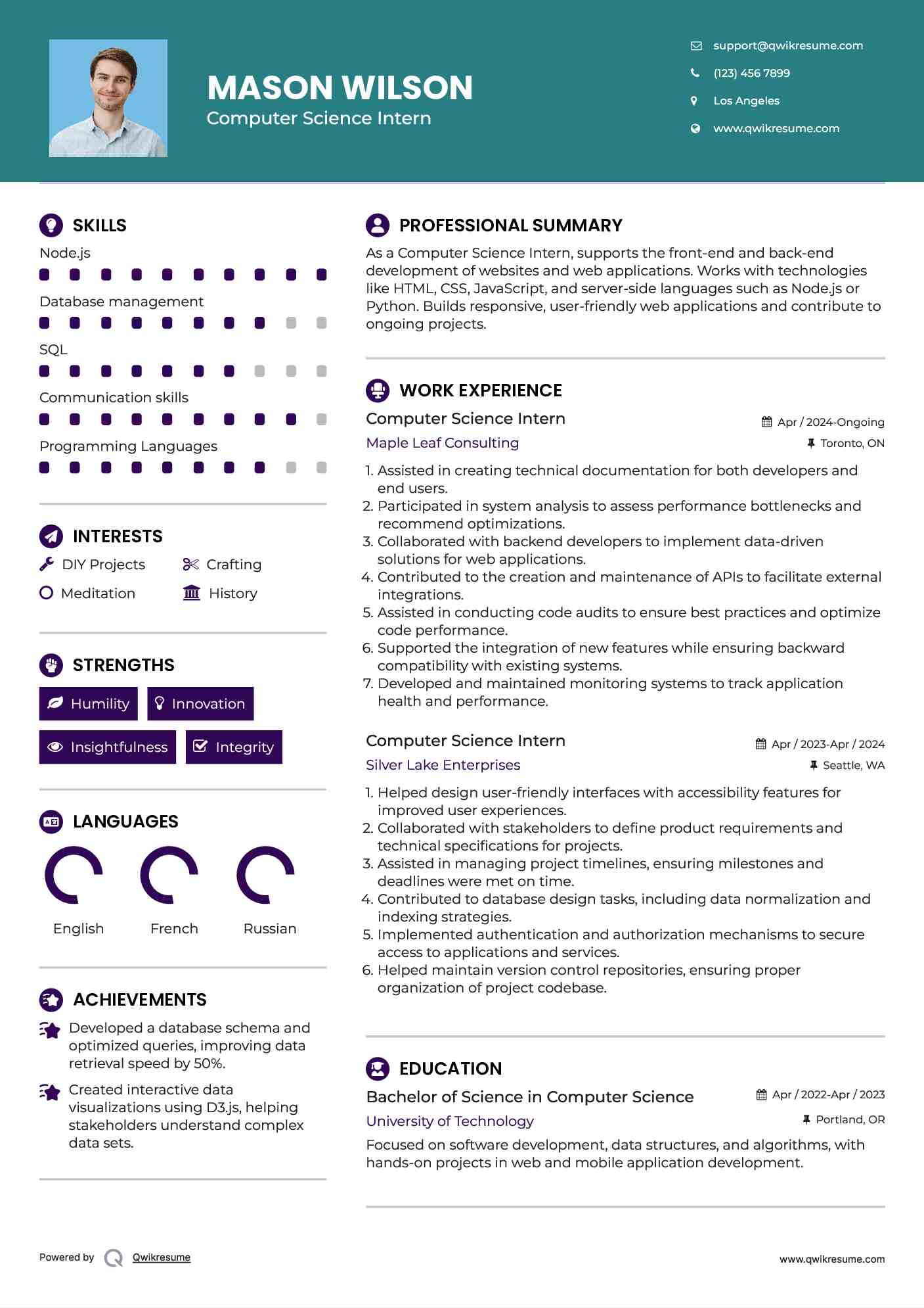 Computer Science Intern Resume Example