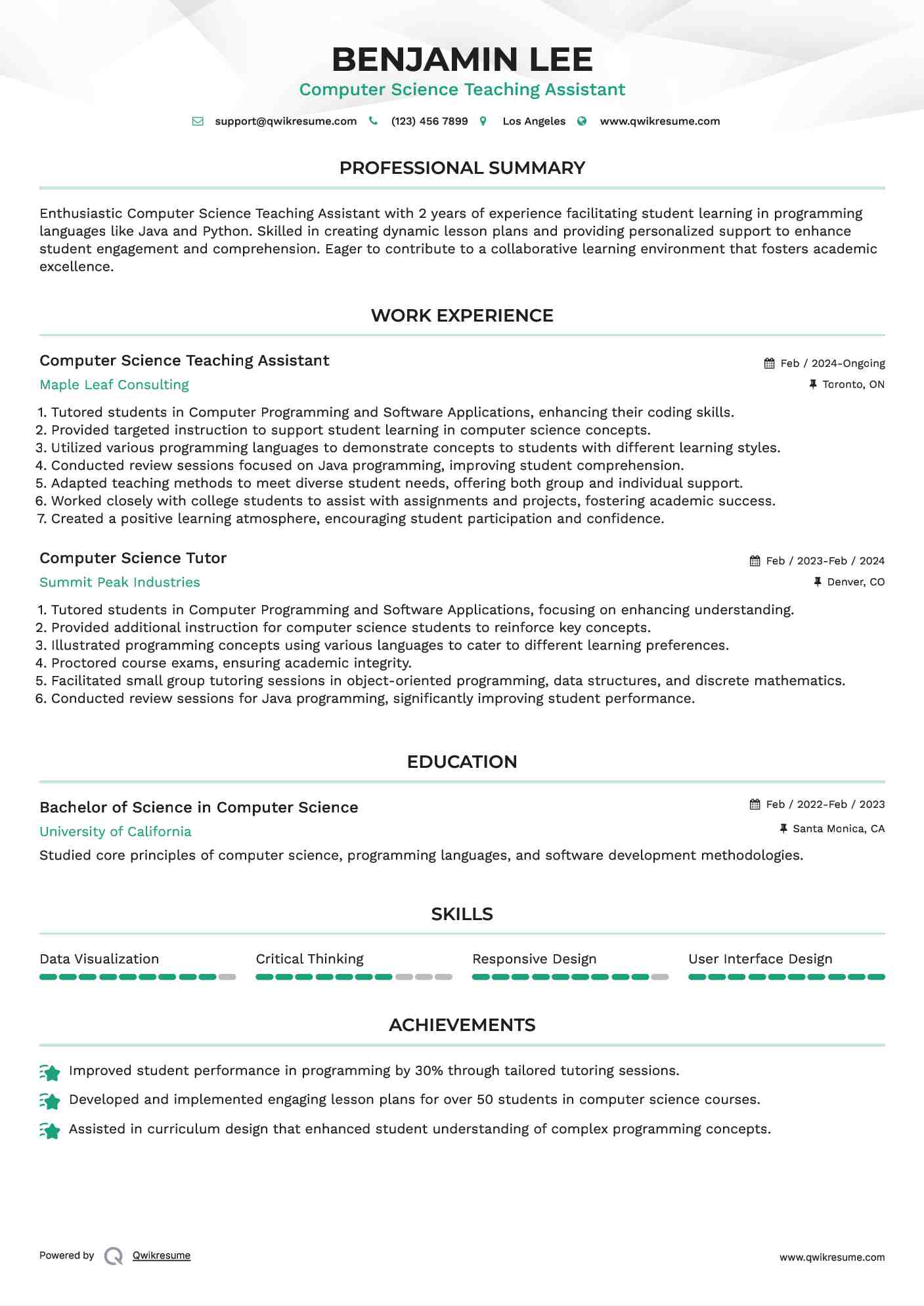 Computer Science Teaching Assistant Resume Example