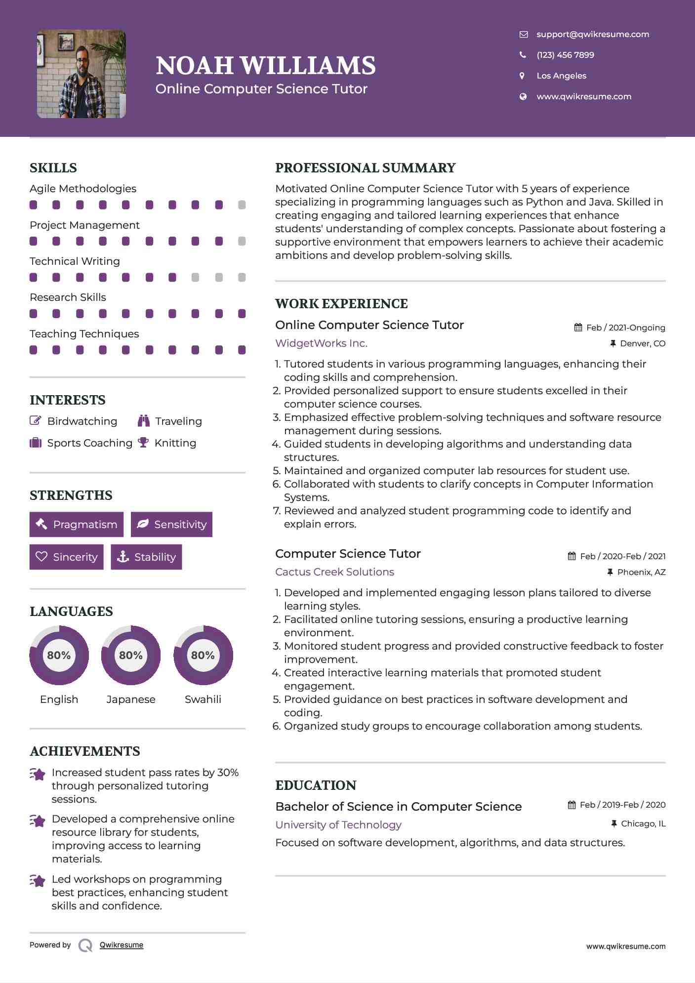 Online Computer Science Tutor Resume Format