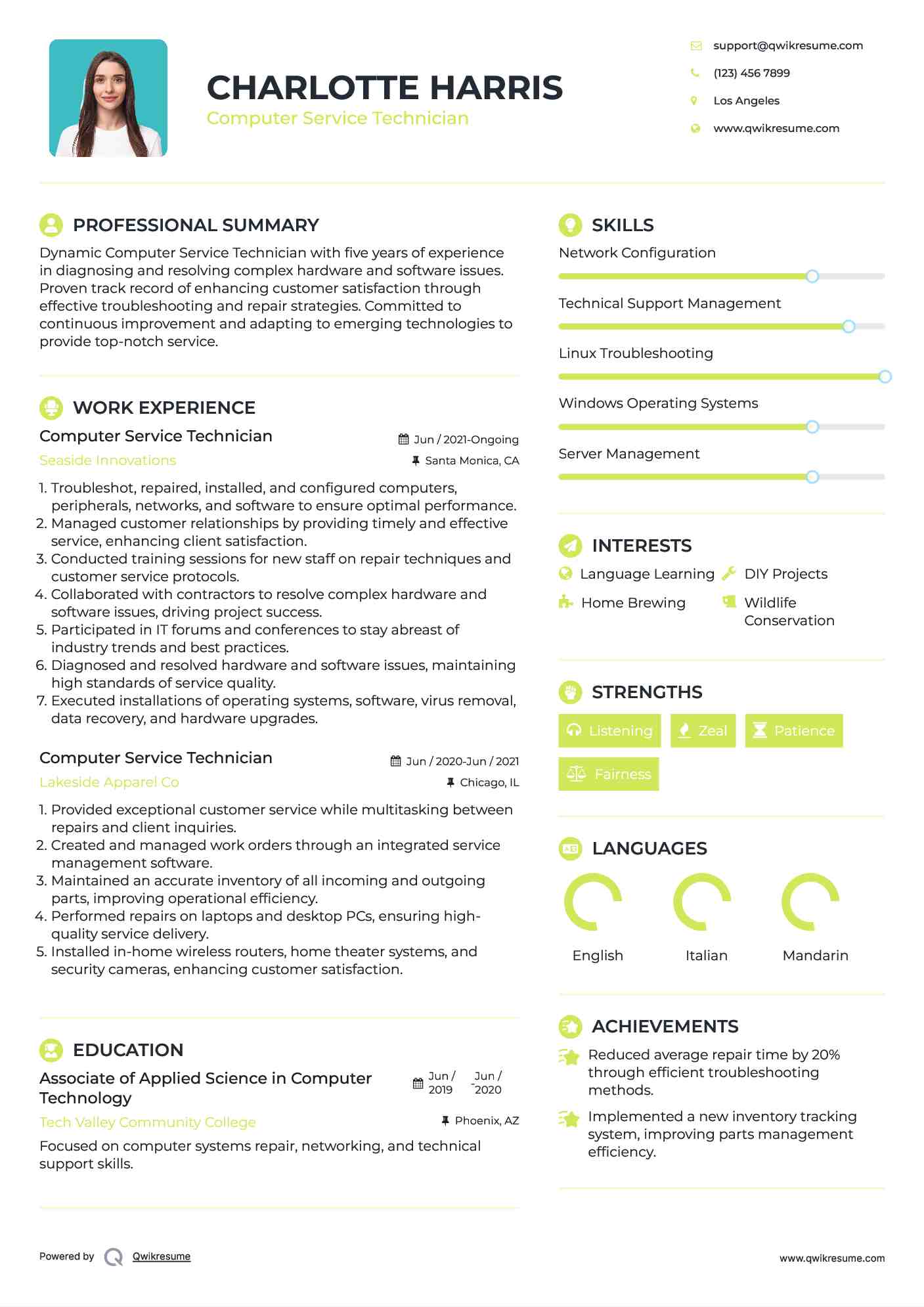 Computer Service Technician Resume Sample