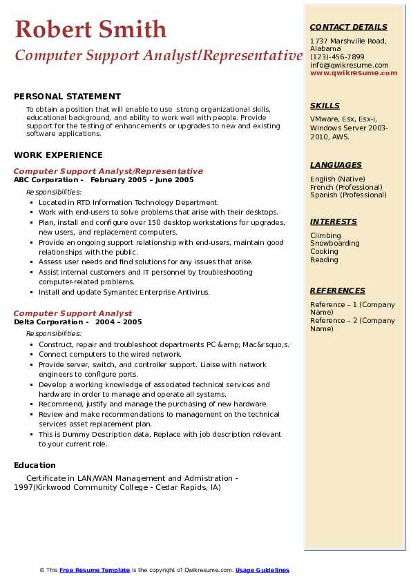 Computer Support Analyst Resume Samples QwikResume