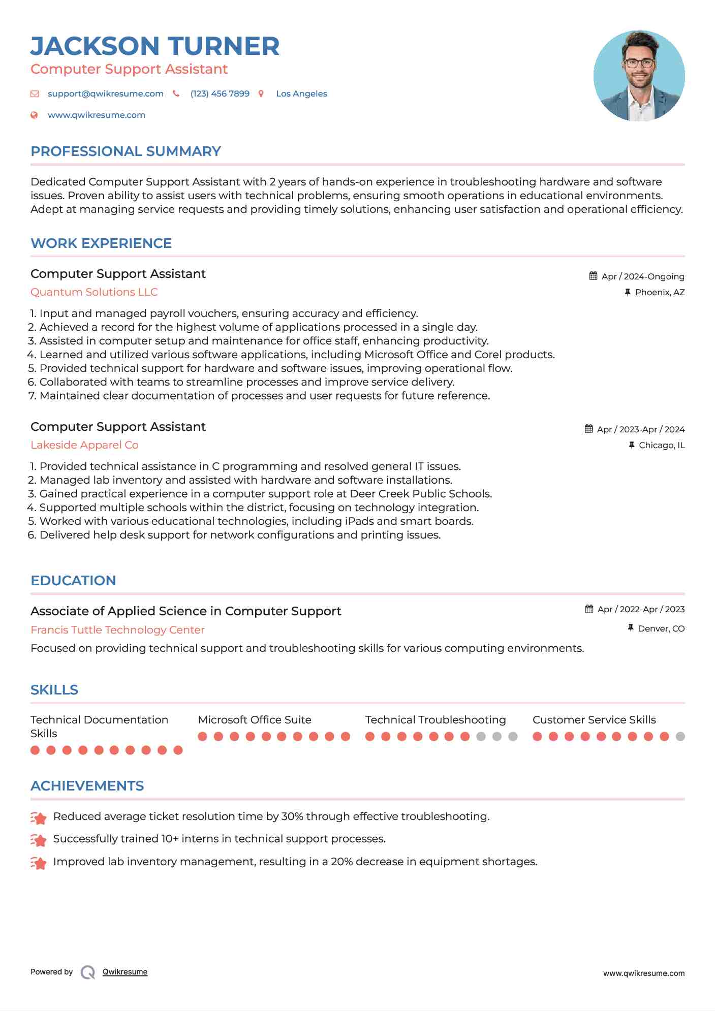 Computer Support Assistant Resume Format