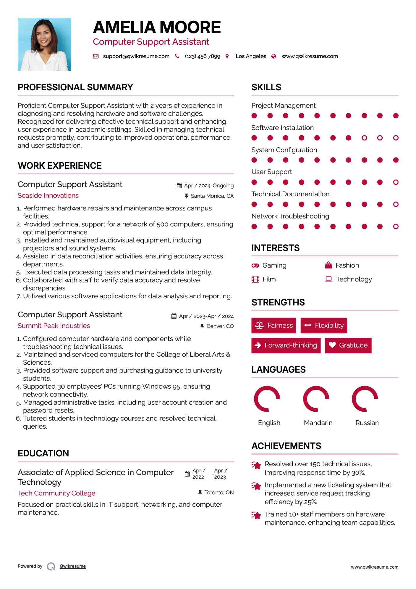 Computer Support Assistant Resume Sample