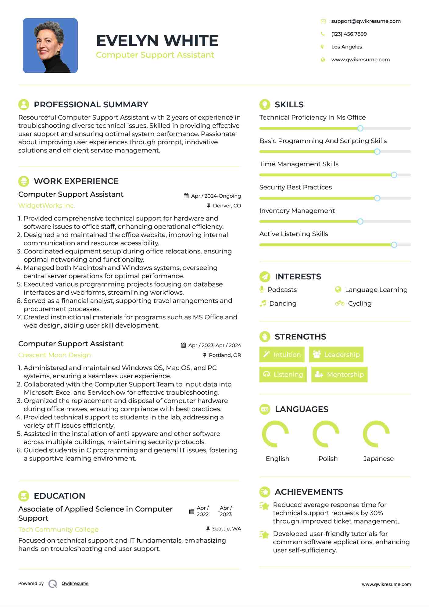 Computer Support Assistant Resume Example