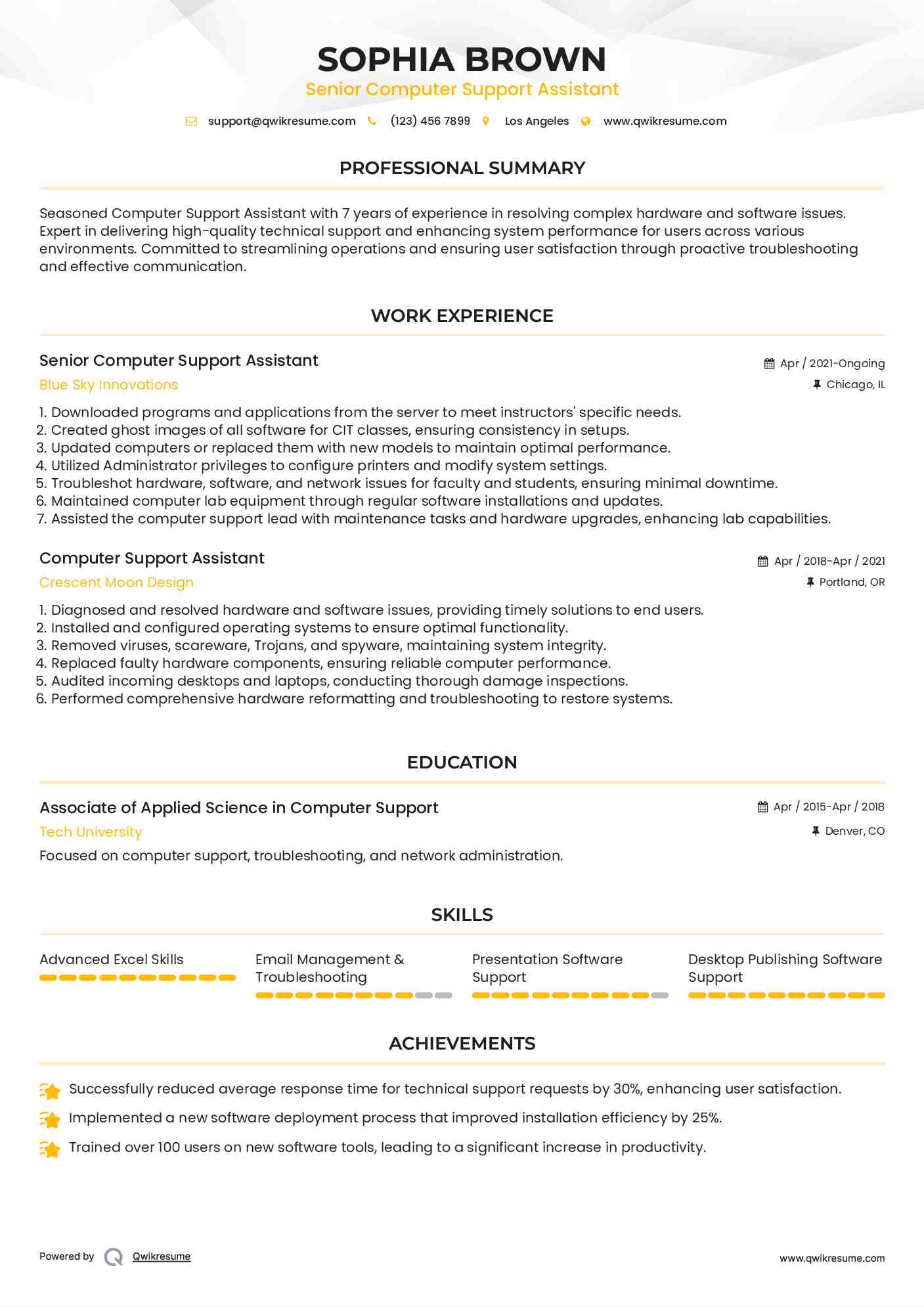 Senior Computer Support Assistant Resume Example