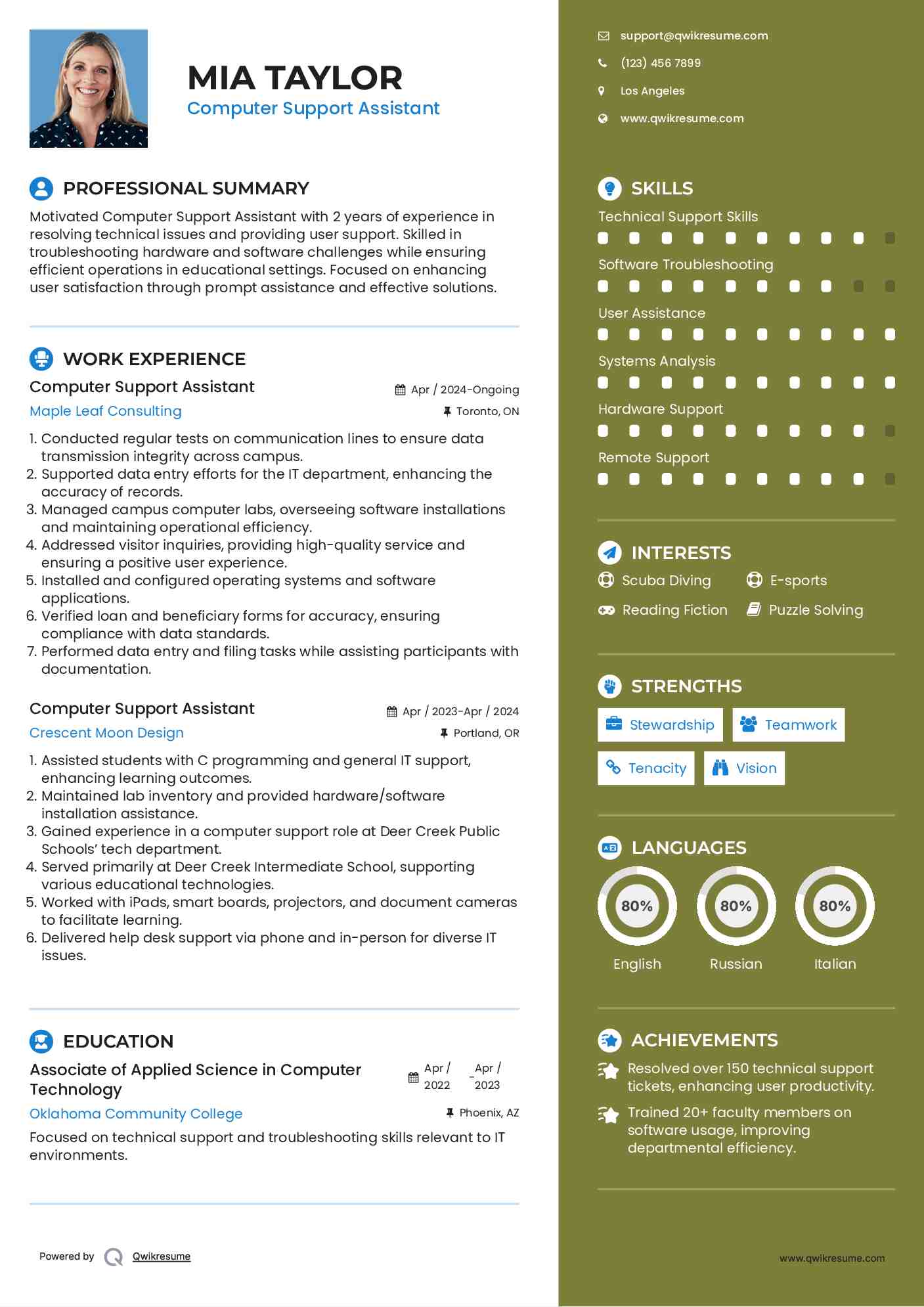 Computer Support Assistant Resume Template