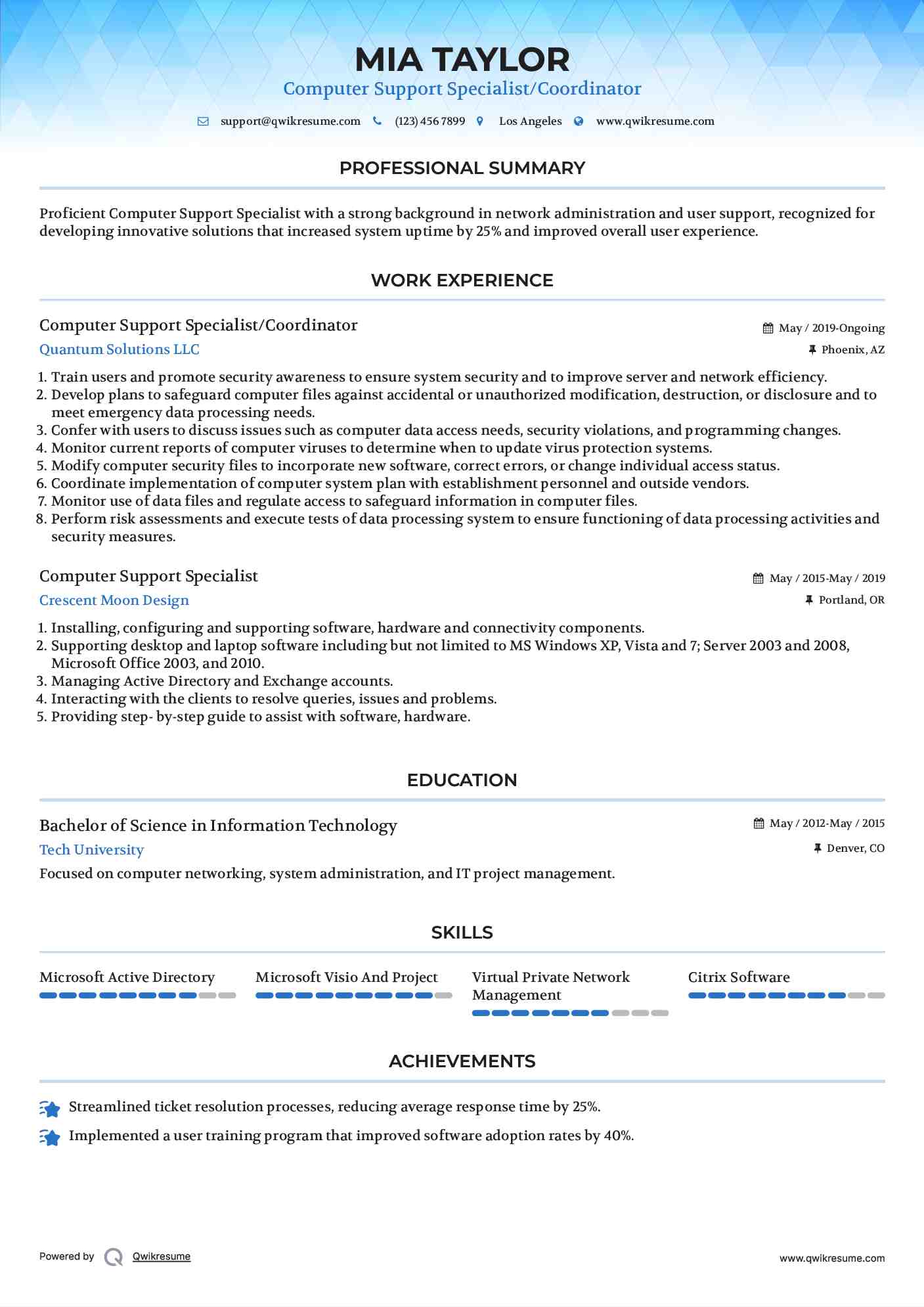 computer support specialist resume