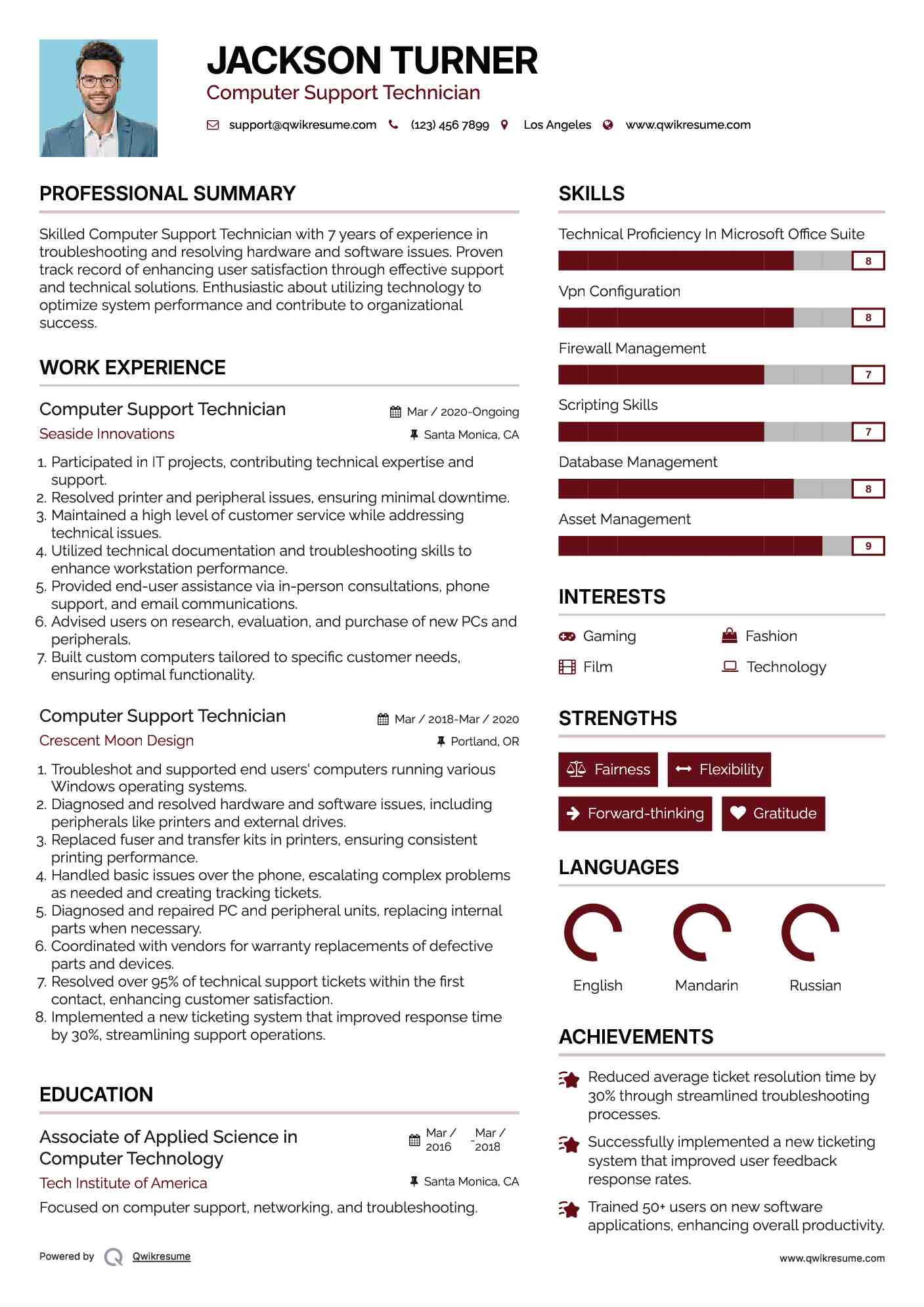 Computer Support Technician Resume Example