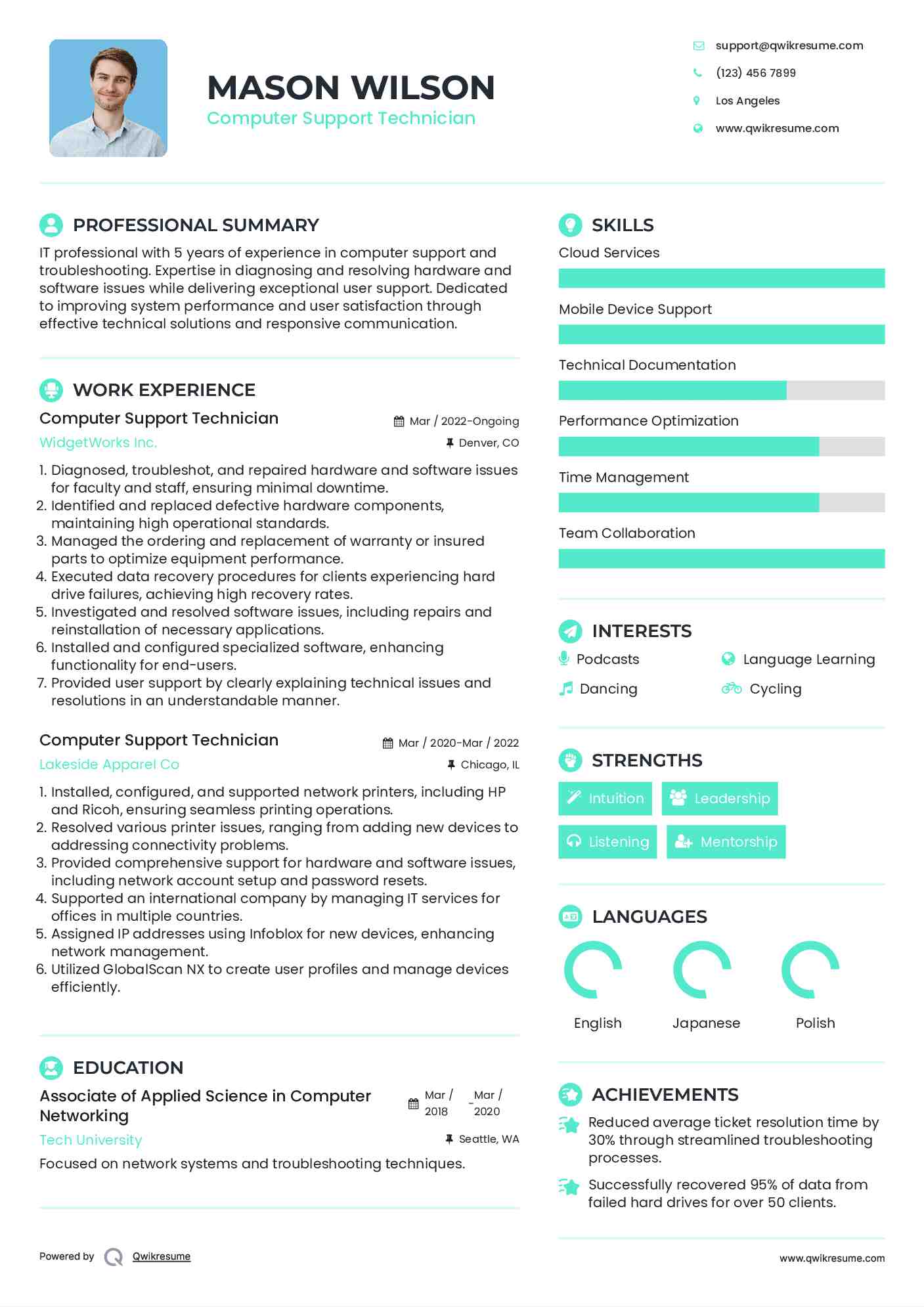 Computer Support Technician Resume Model