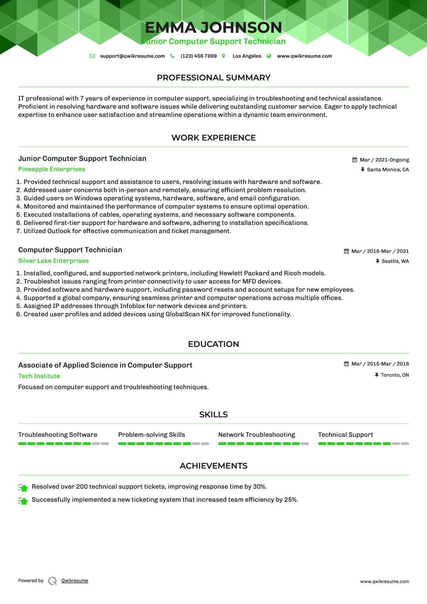 Junior Computer Support Technician Resume Format