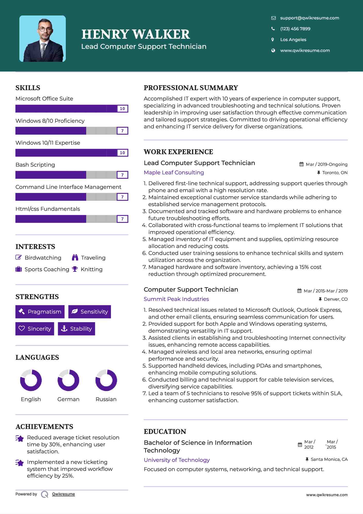 Lead Computer Support Technician Resume Model