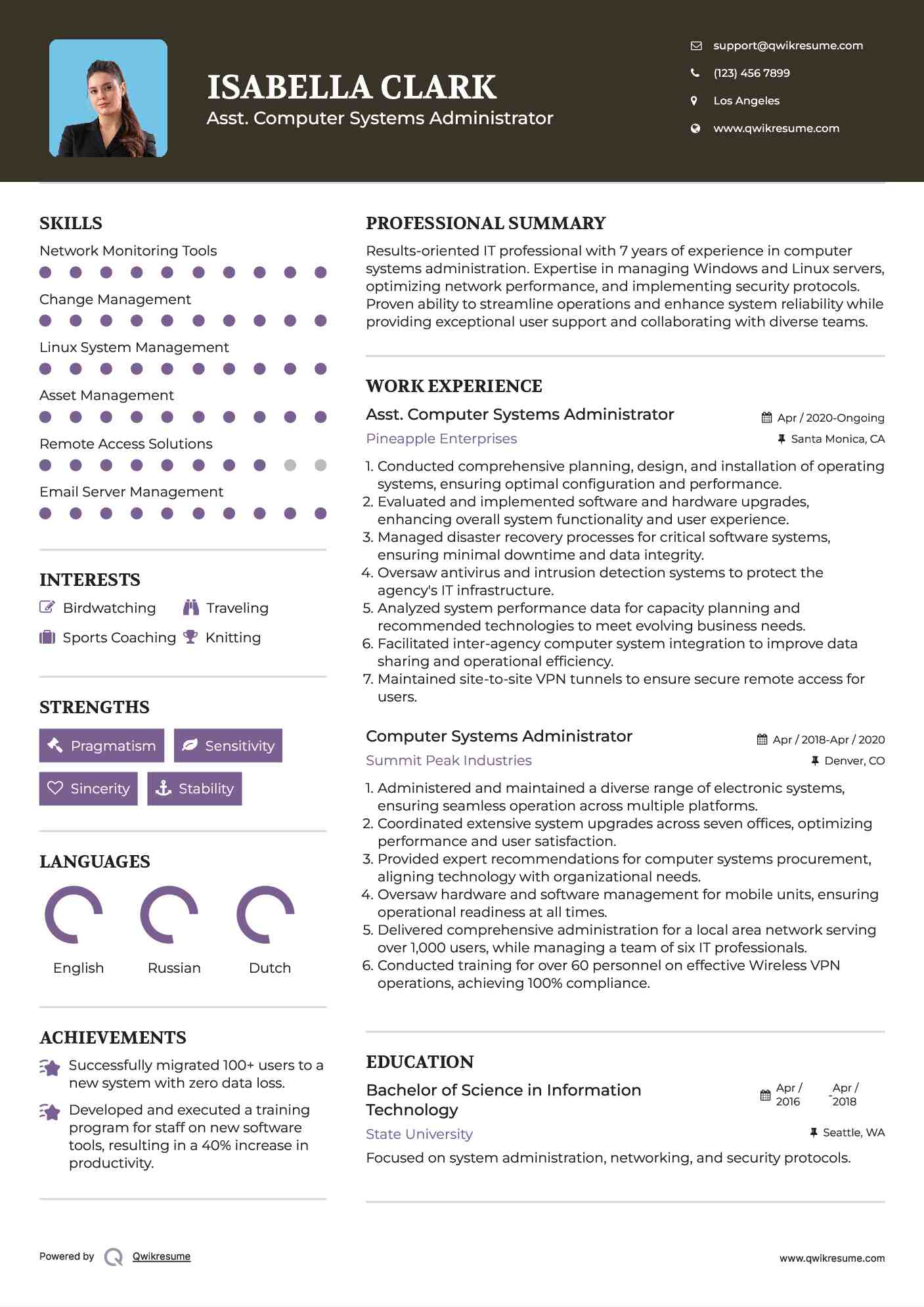 Asst. Computer Systems Administrator Resume Example