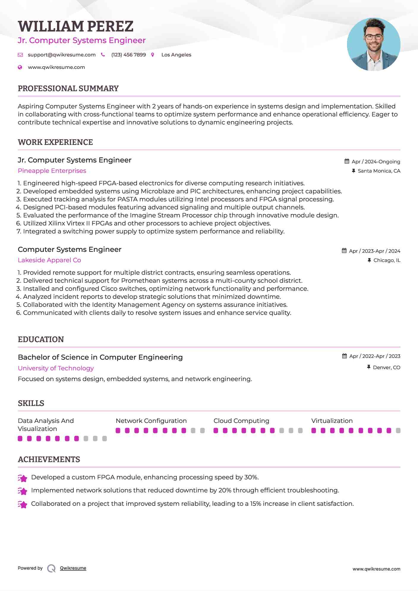 Jr. Computer Systems Engineer Resume Example