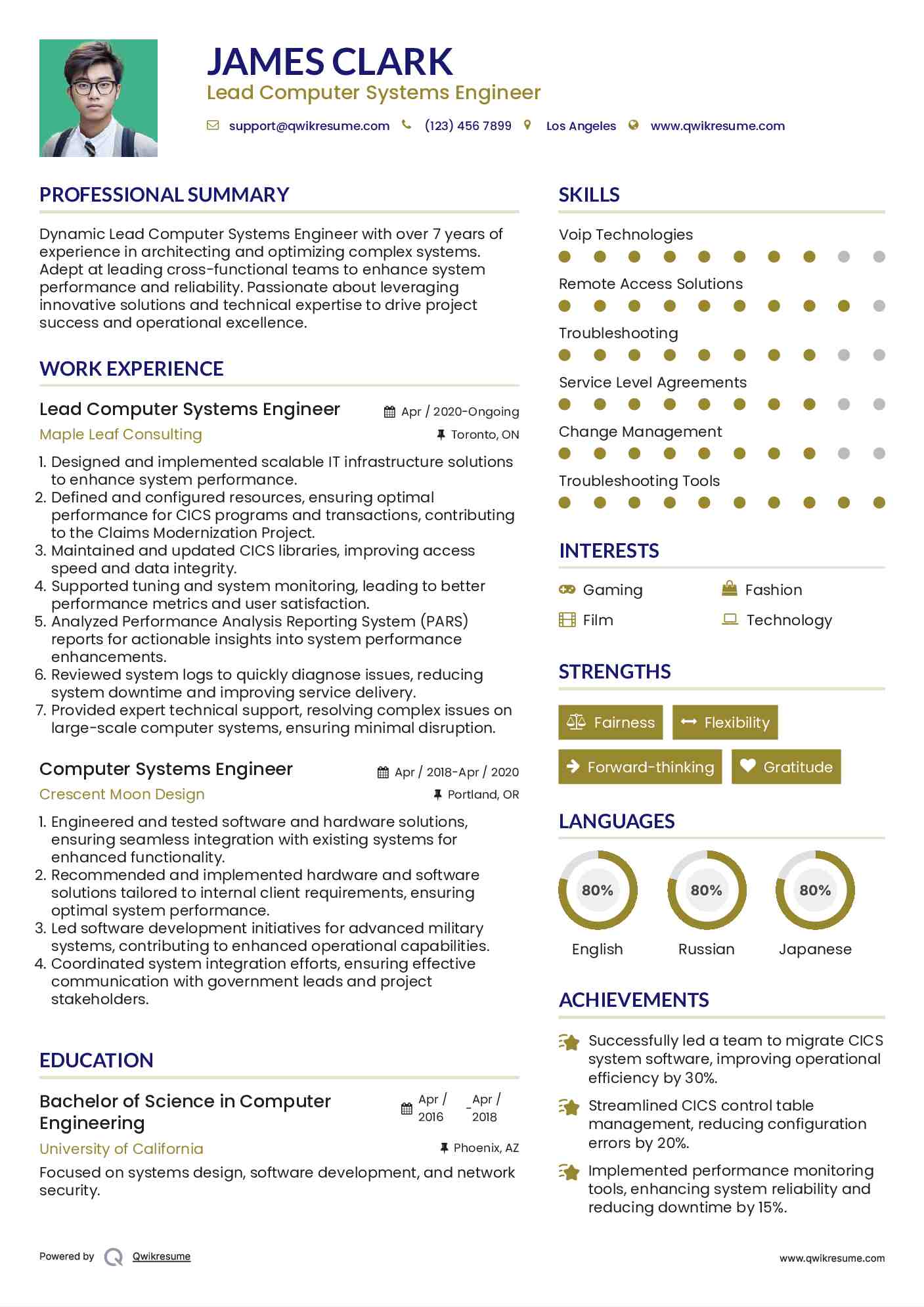 Lead Computer Systems Engineer Resume Example
