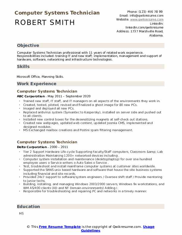 Computer Systems Technician Resume Samples | QwikResume