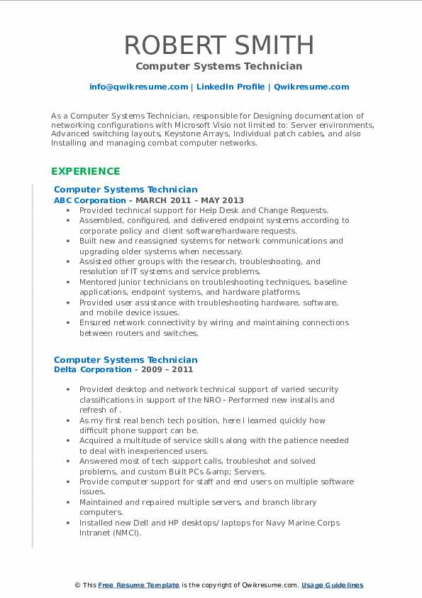 Computer Systems Technician Resume Samples | QwikResume