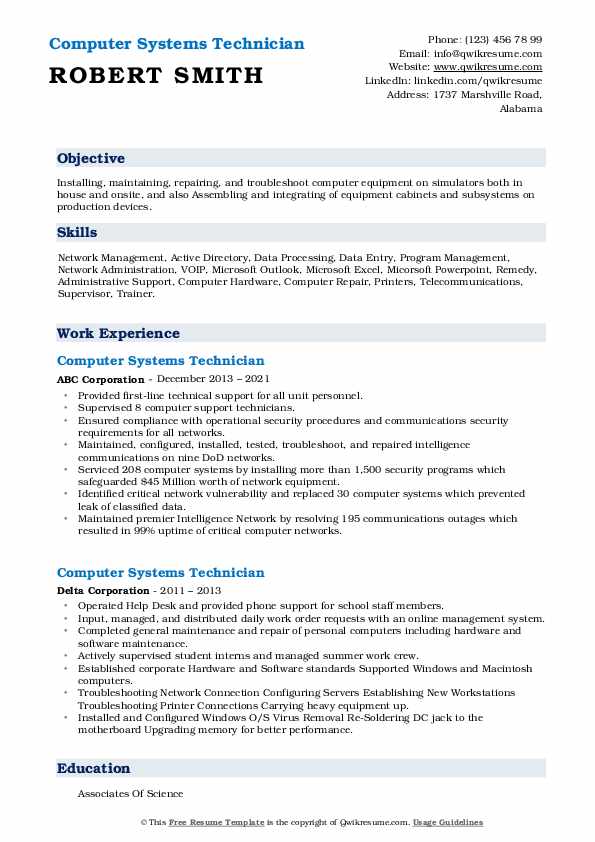 Computer Systems Technician Resume Samples | QwikResume
