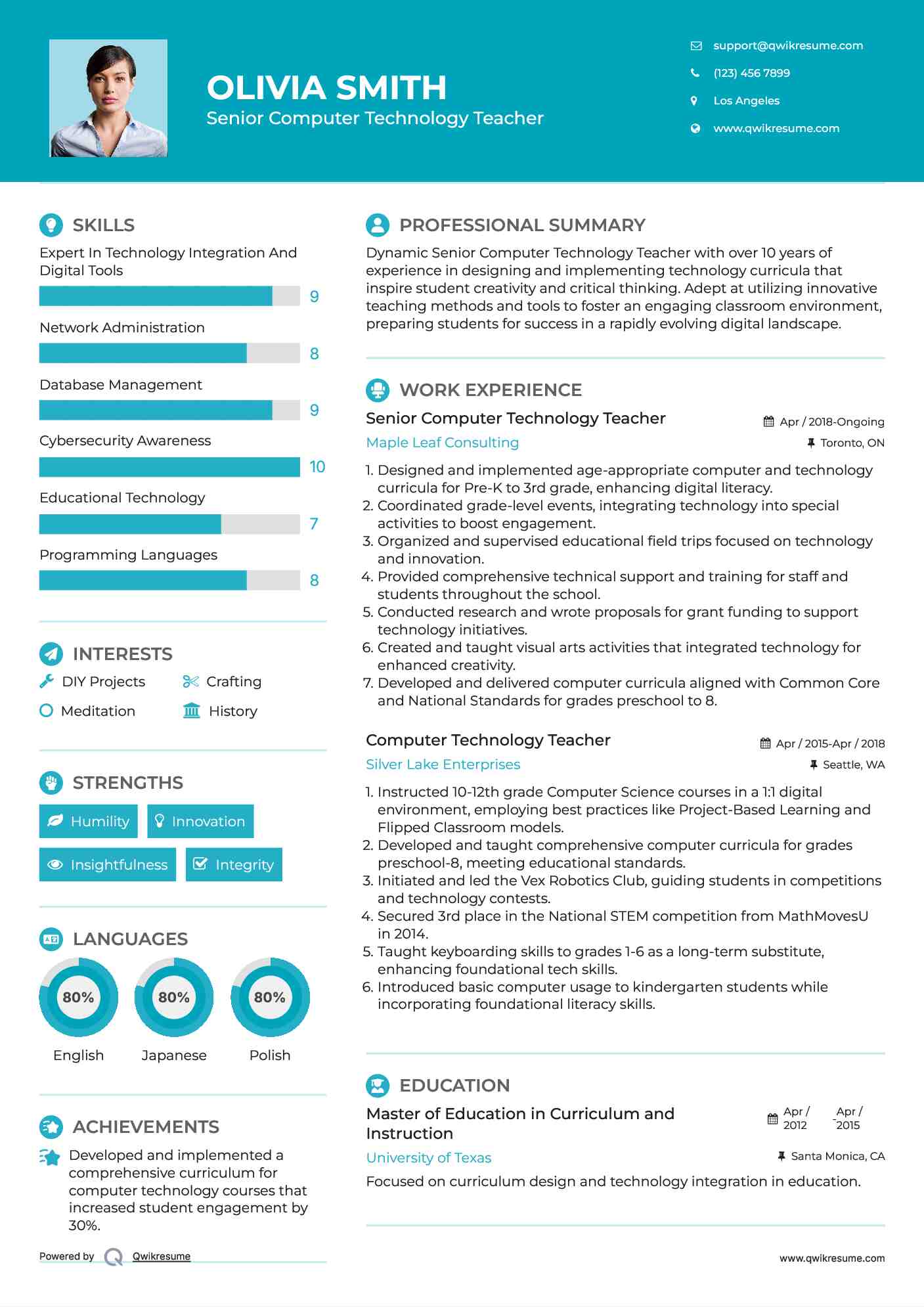 Senior Computer Technology Teacher Resume Format