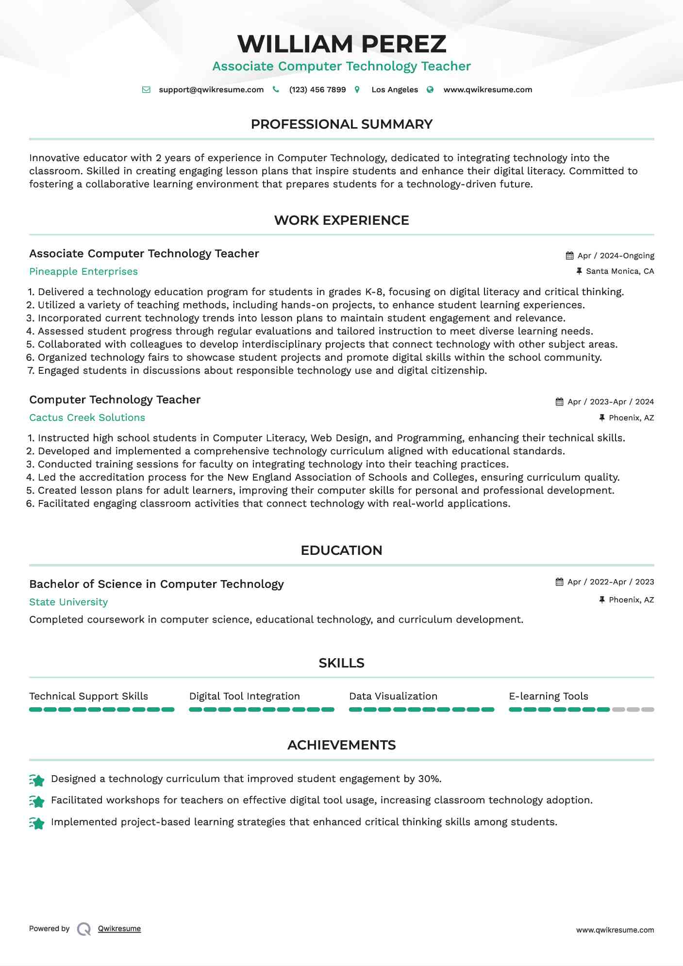 Associate Computer Technology Teacher Resume Model