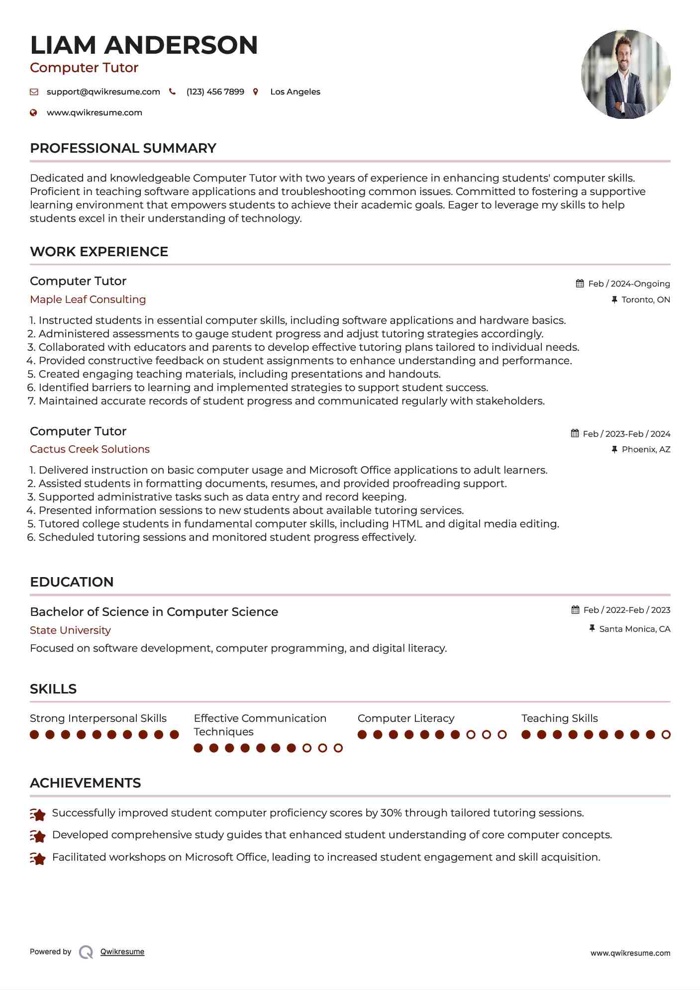 Computer Tutor Resume Example