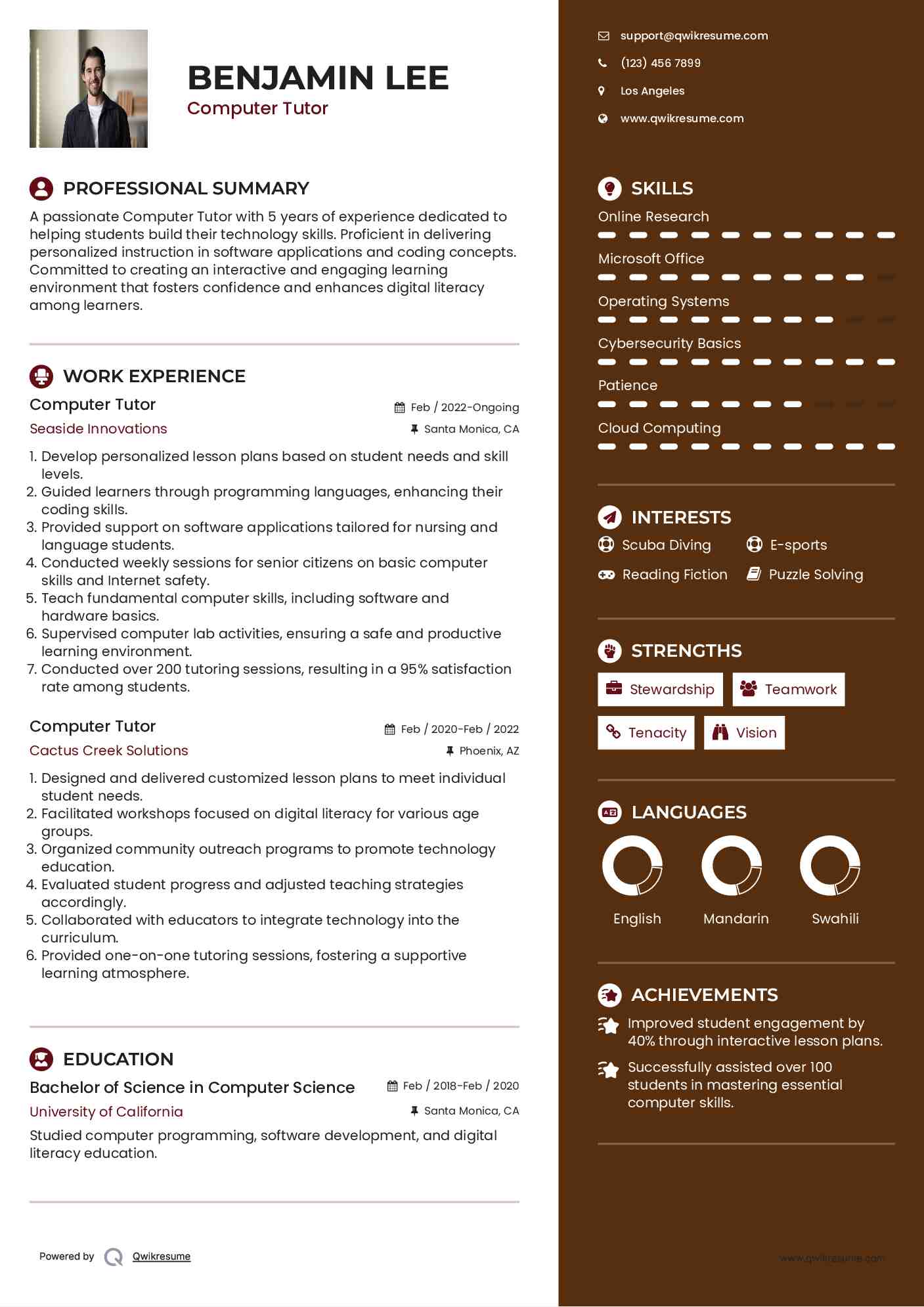 Computer Tutor Resume Samples QwikResume