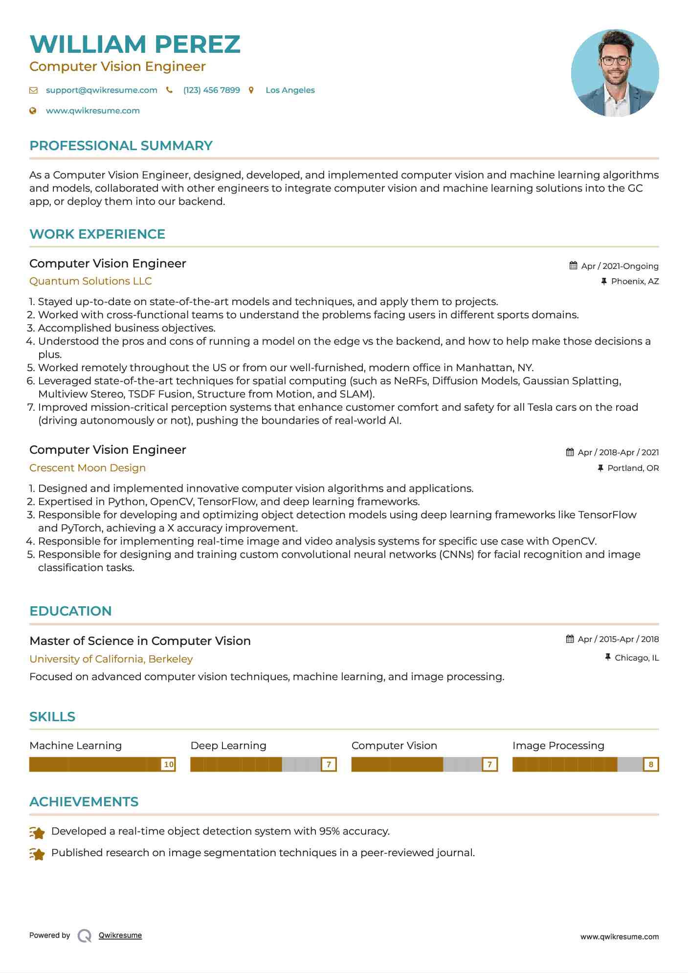 Computer Vision Engineer Resume Example