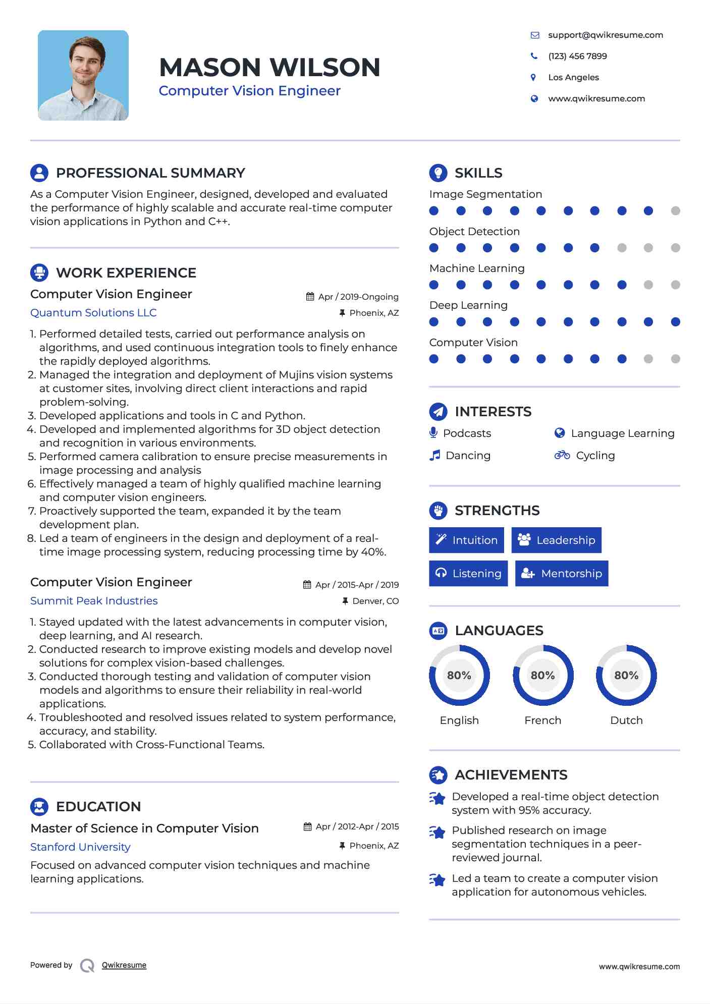 Computer Vision Engineer Resume Format