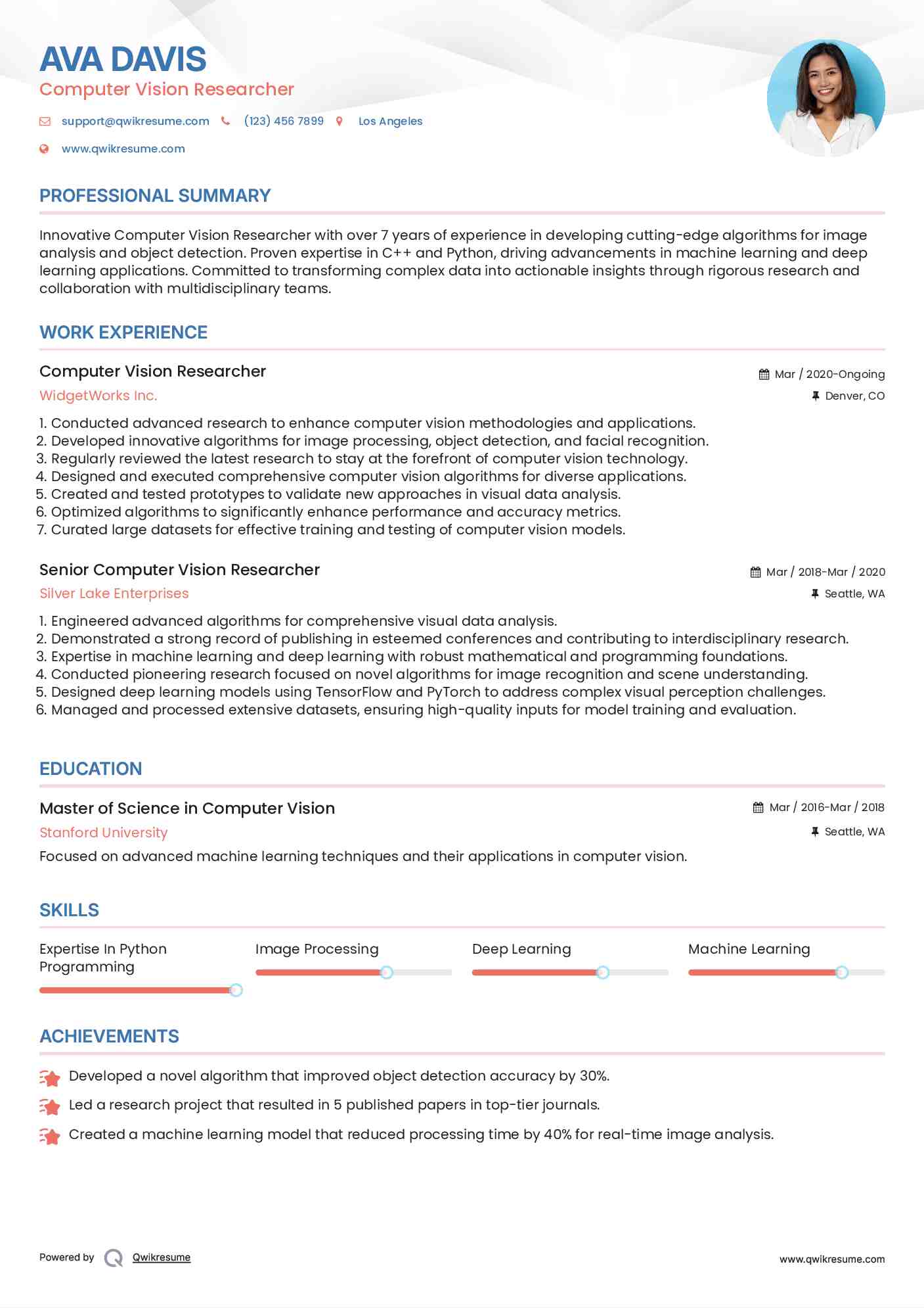Computer Vision Researcher Resume Sample