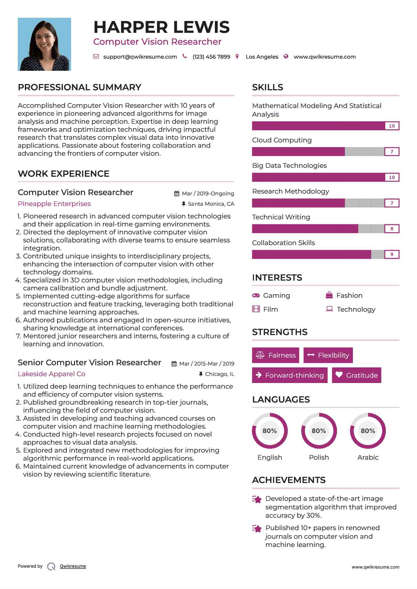 Computer Vision Researcher Resume Example