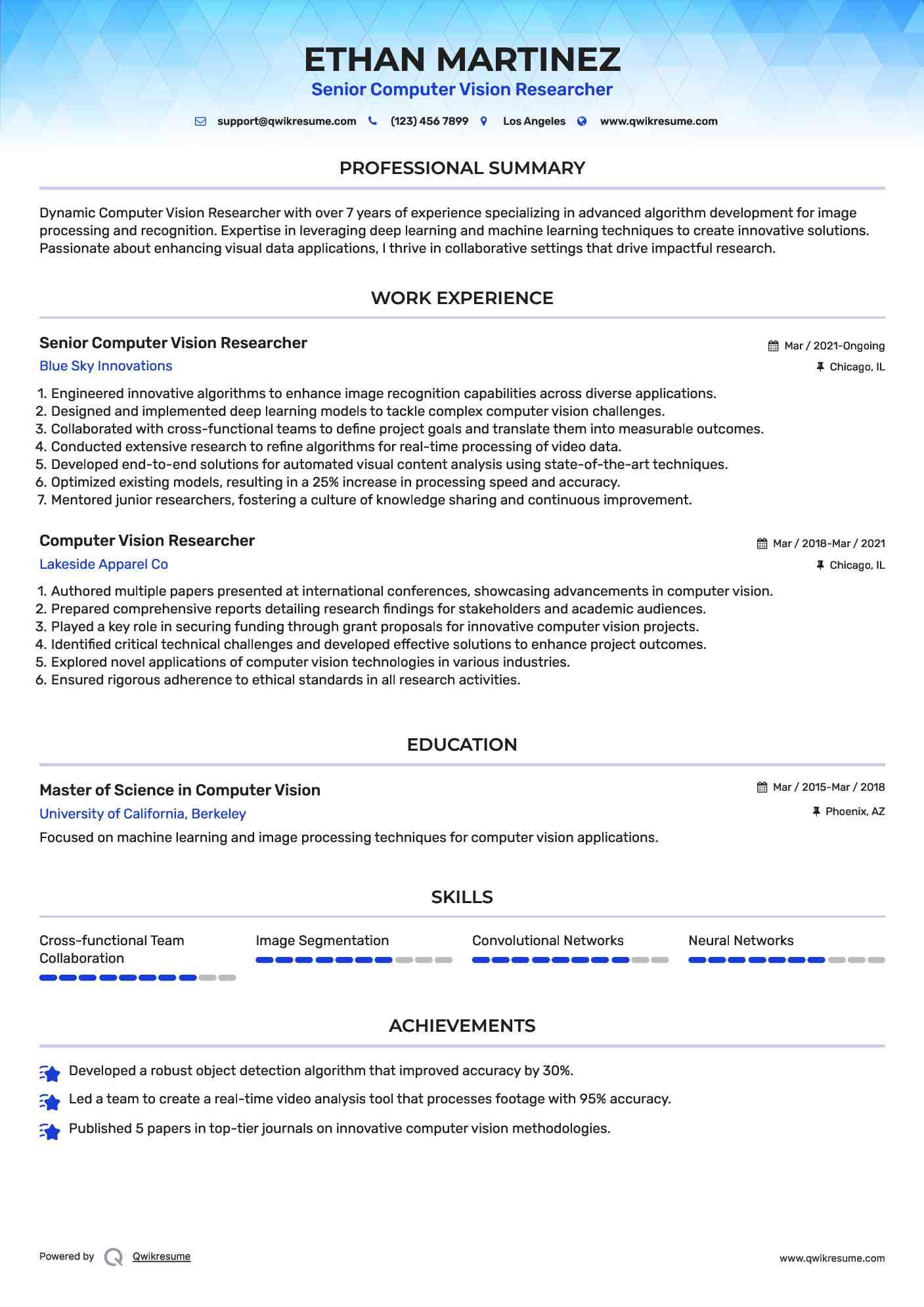 Senior Computer Vision Researcher  Resume Sample