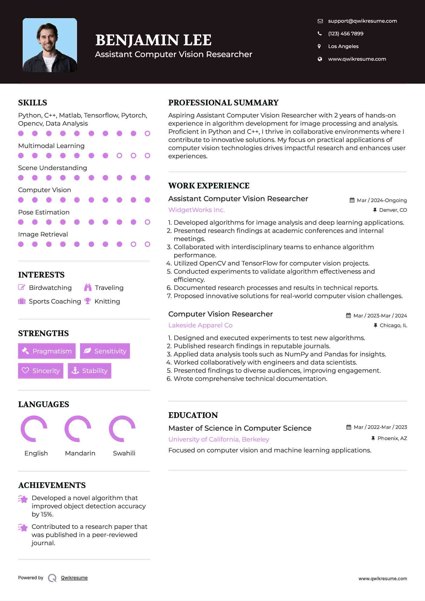 Assistant Computer Vision Researcher  Resume Sample
