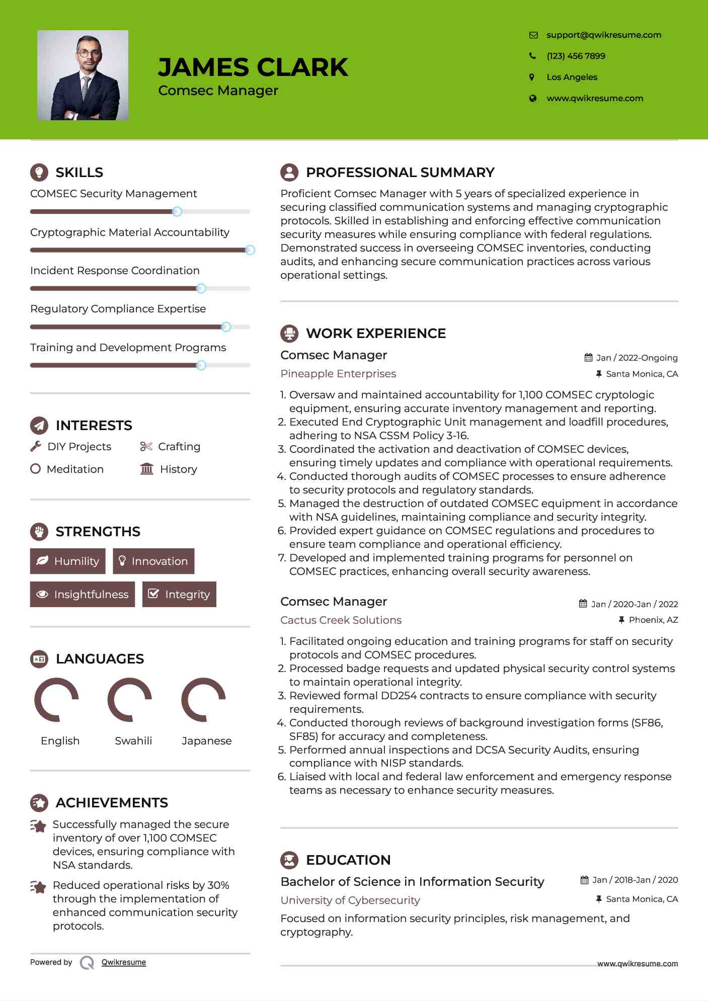 Comsec Manager Resume Sample