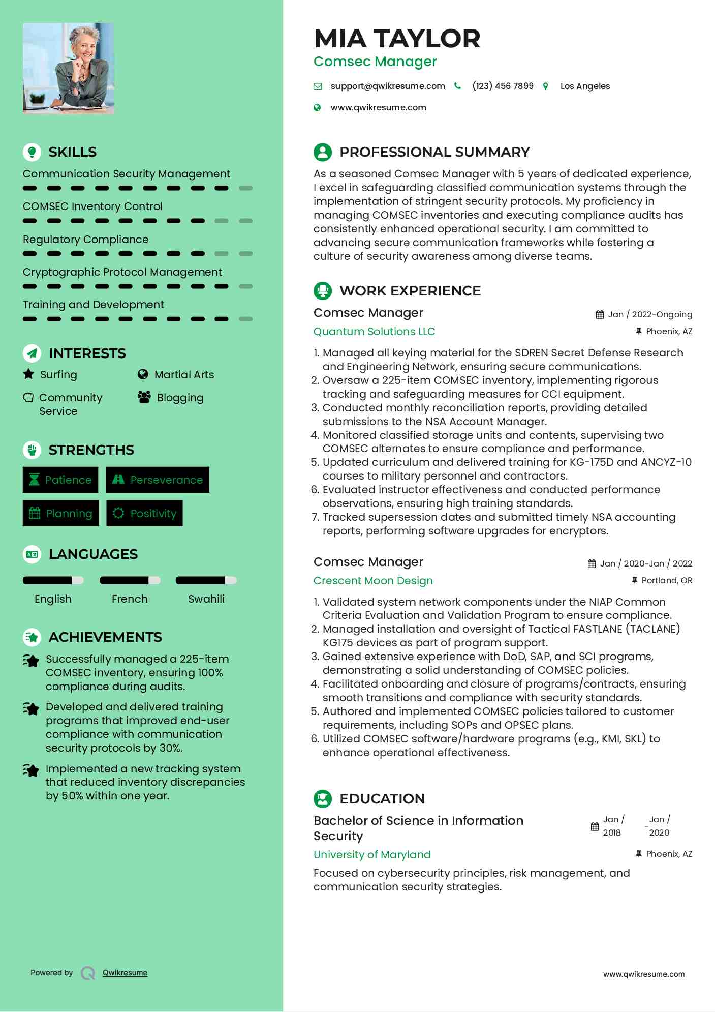 Comsec Manager Resume Sample