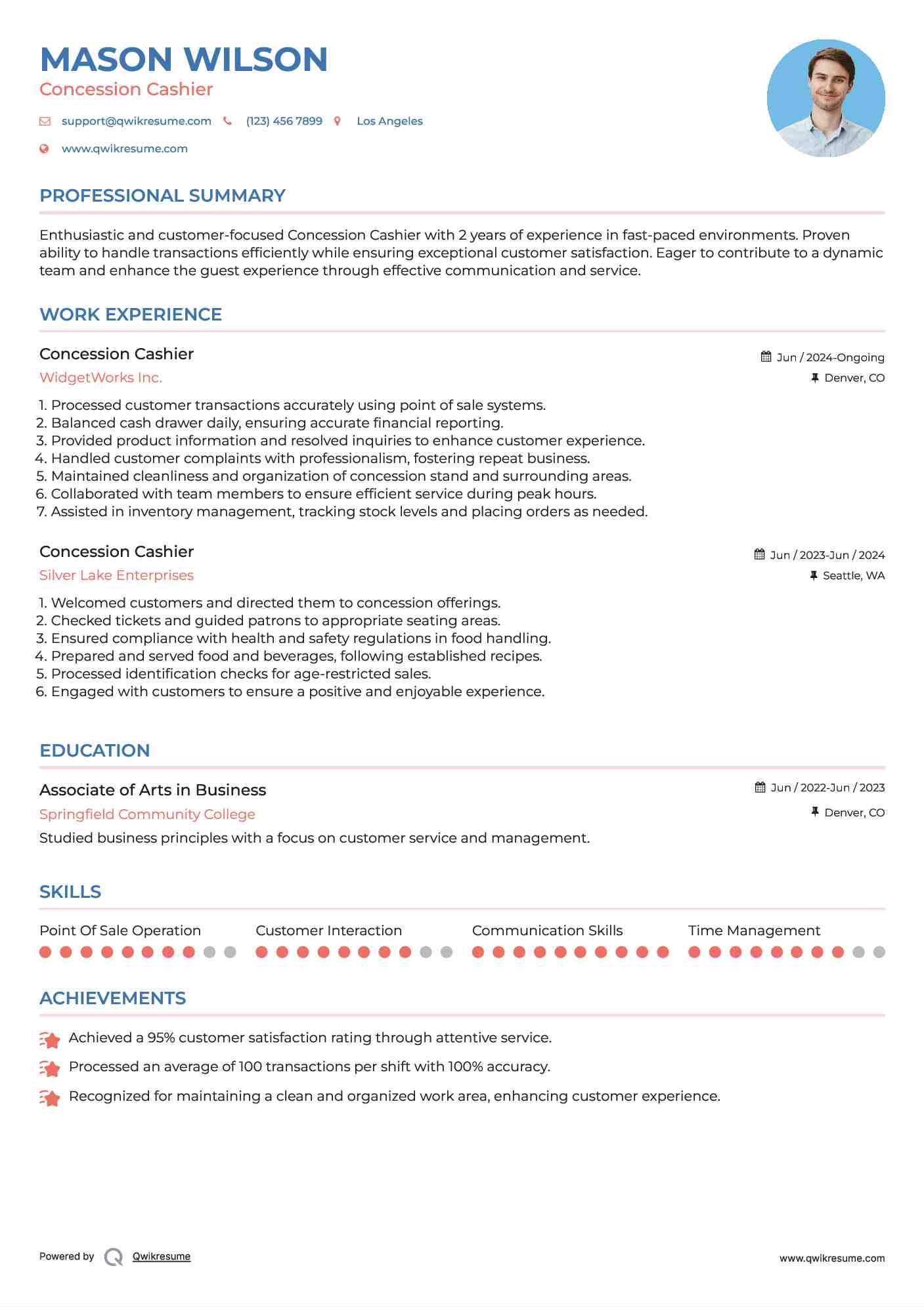 Concession Cashier Resume Example