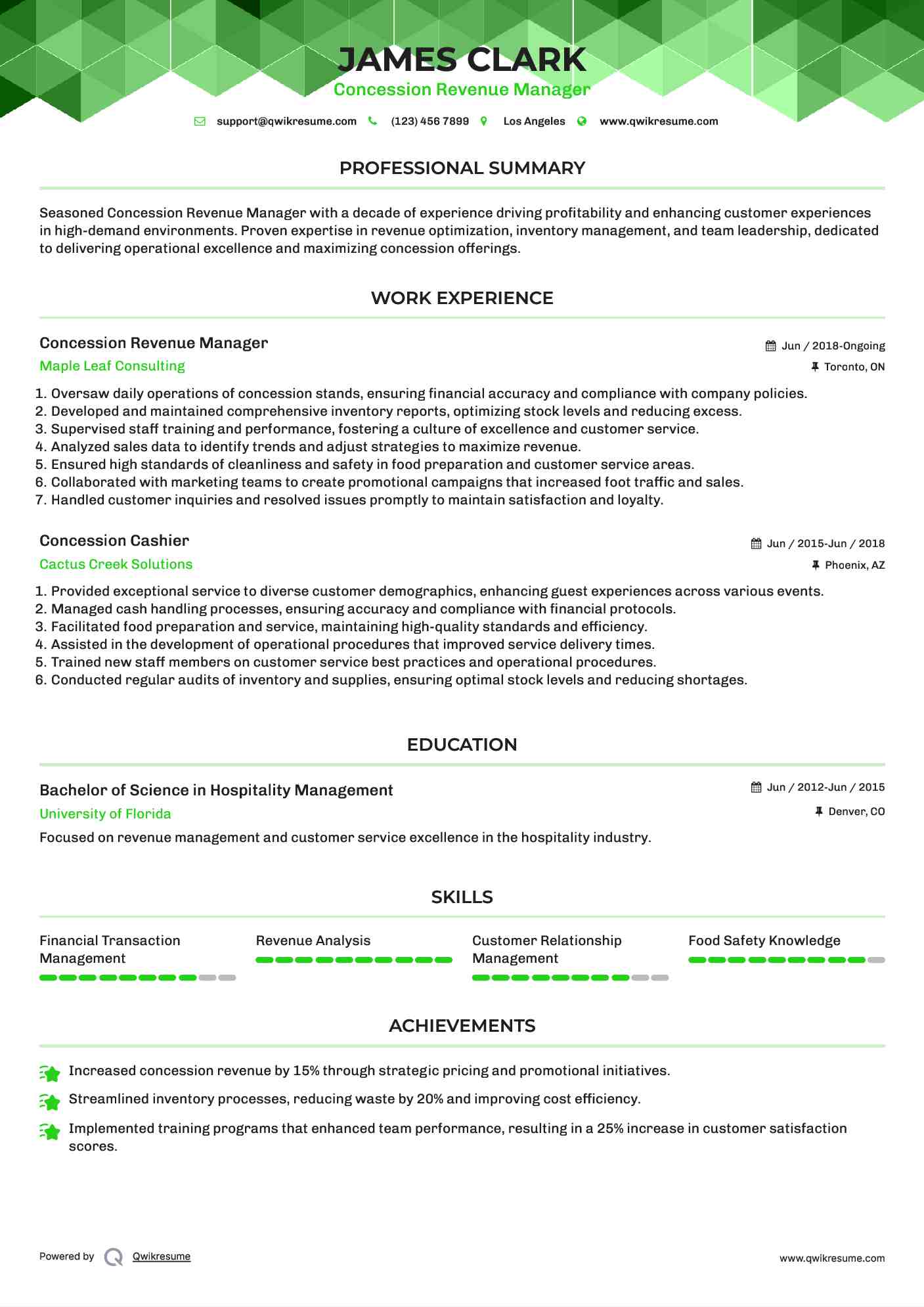 Concession Revenue Manager Resume Format