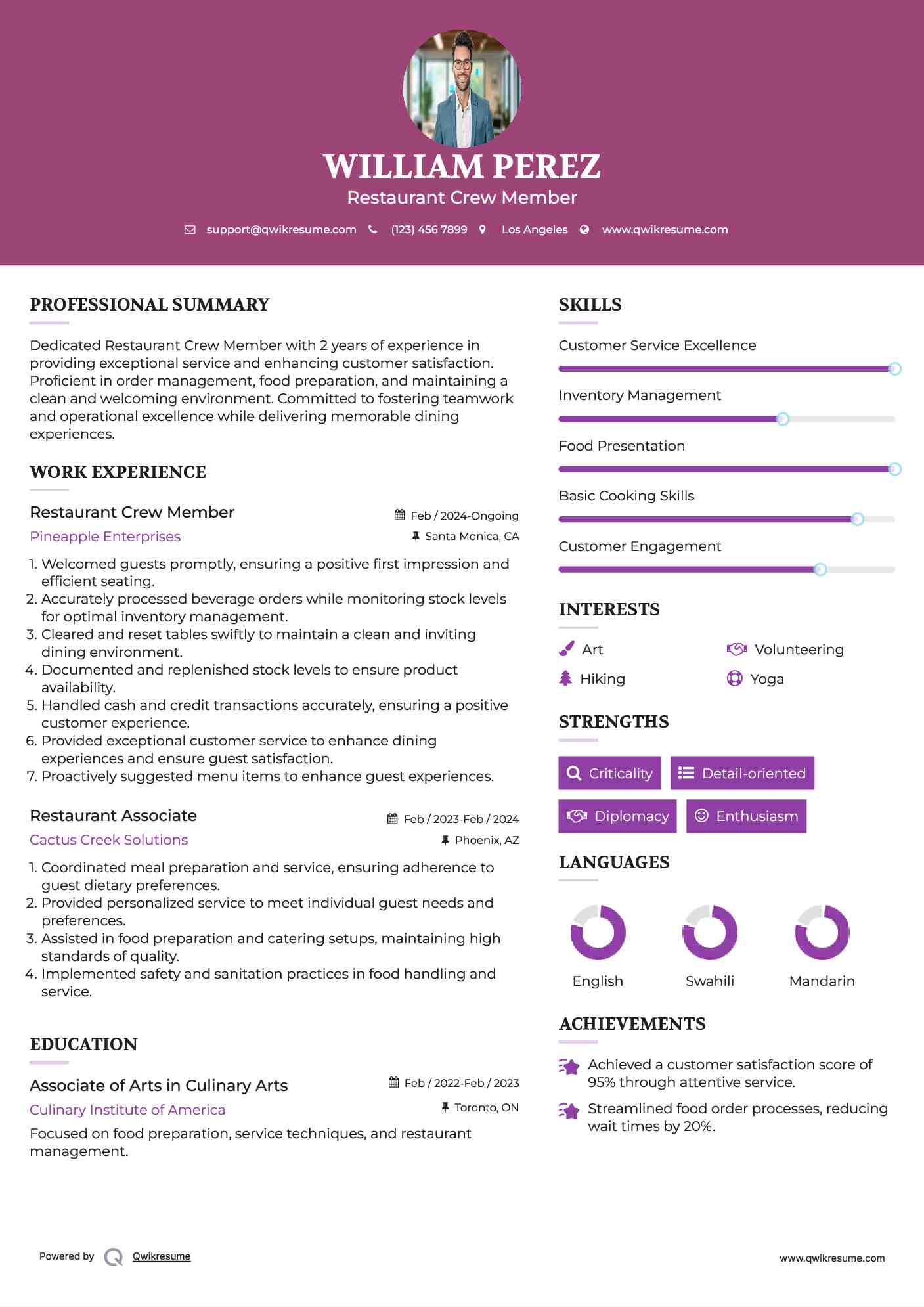 Restaurant Crew Member Resume Sample