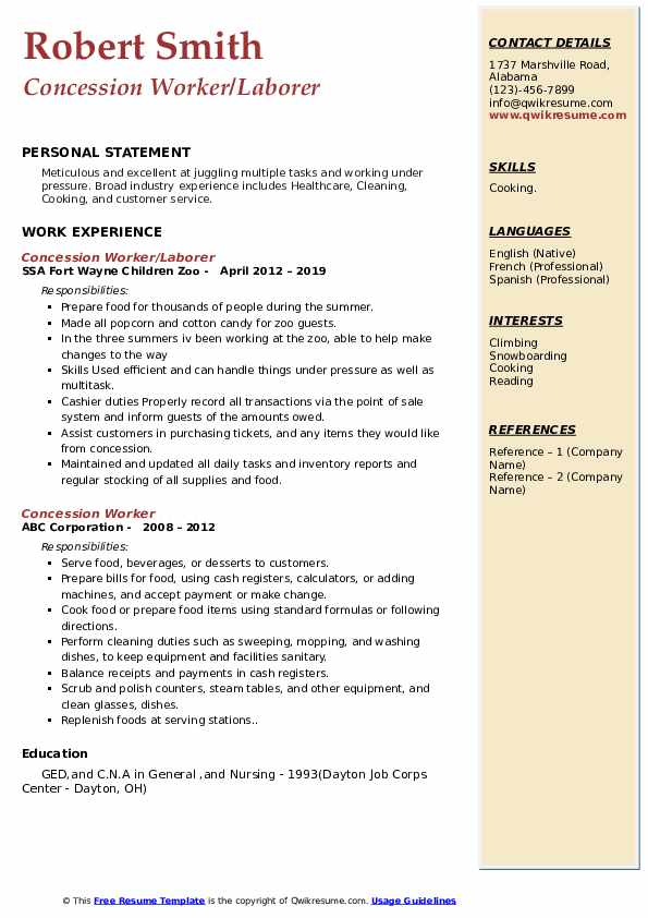 Concession Worker Resume Samples QwikResume