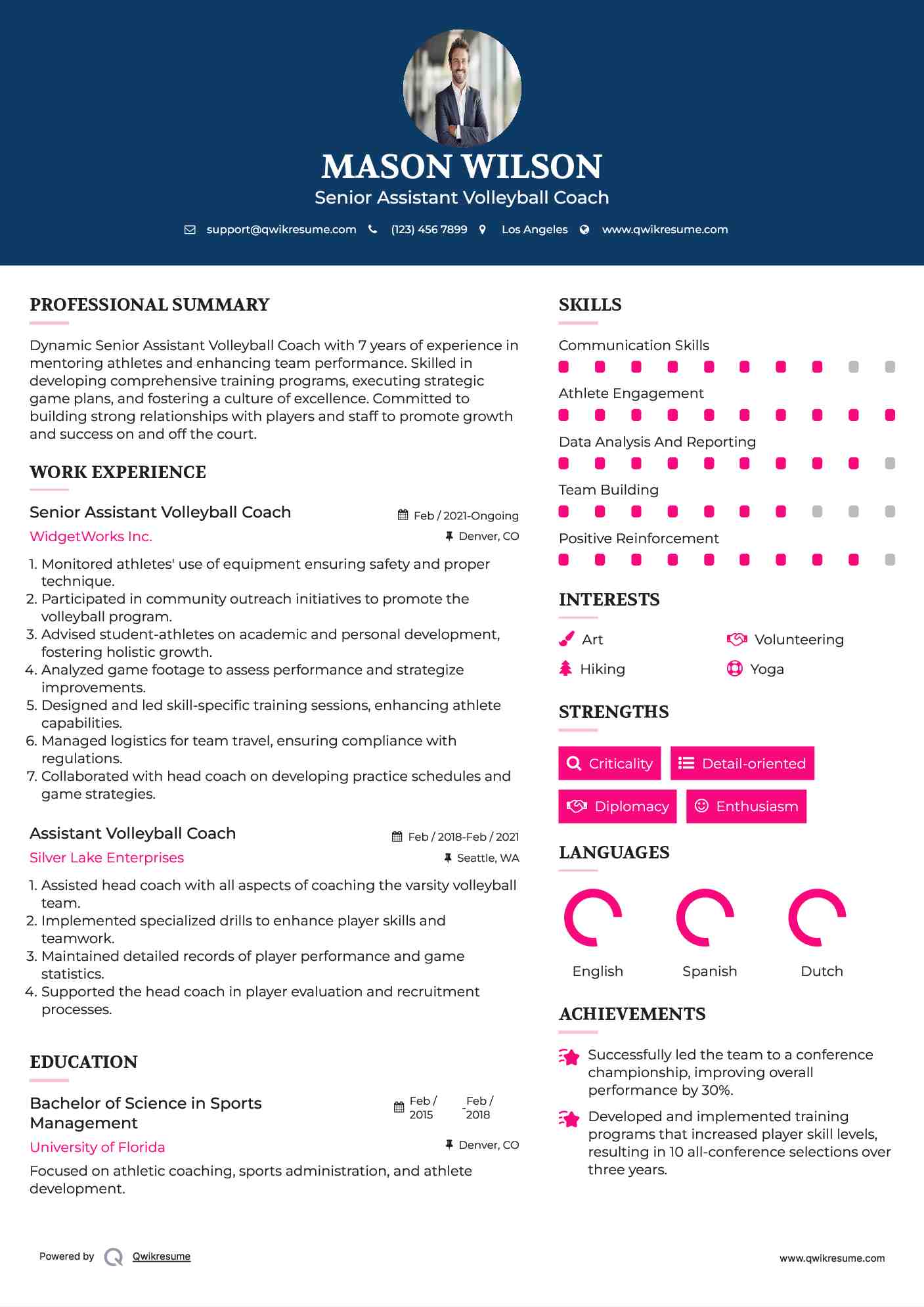 Senior Assistant Volleyball Coach Resume Example
