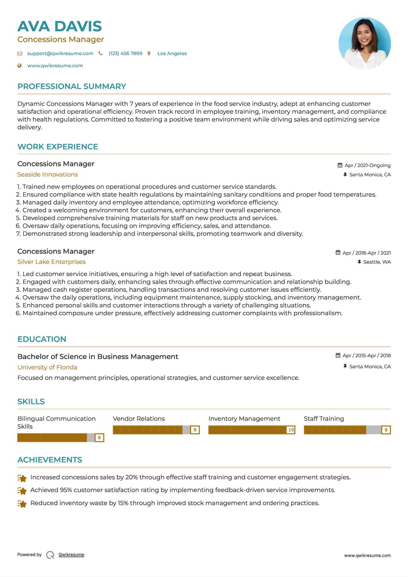 Concessions Manager Resume Model