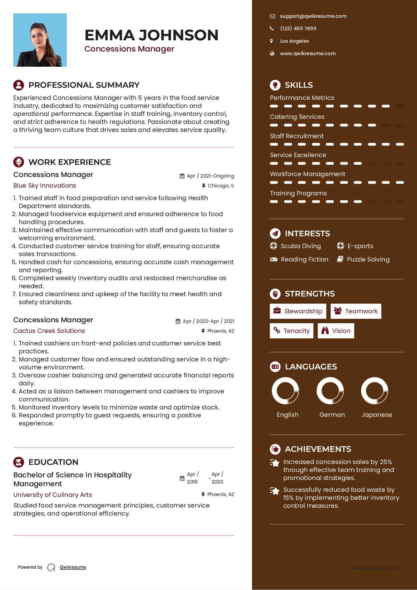 Concessions Manager Resume Samples QwikResume