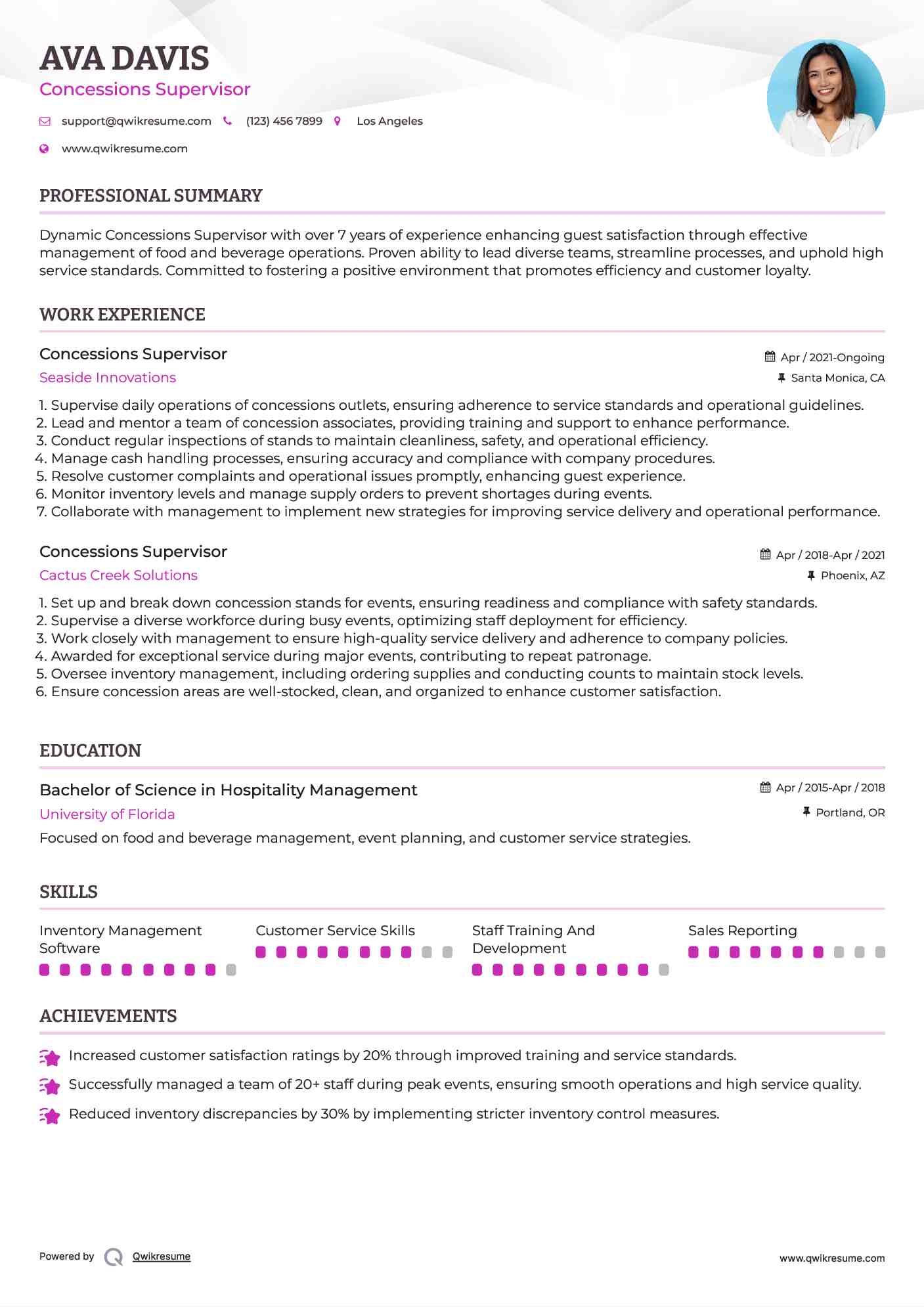Concessions Supervisor Resume Template