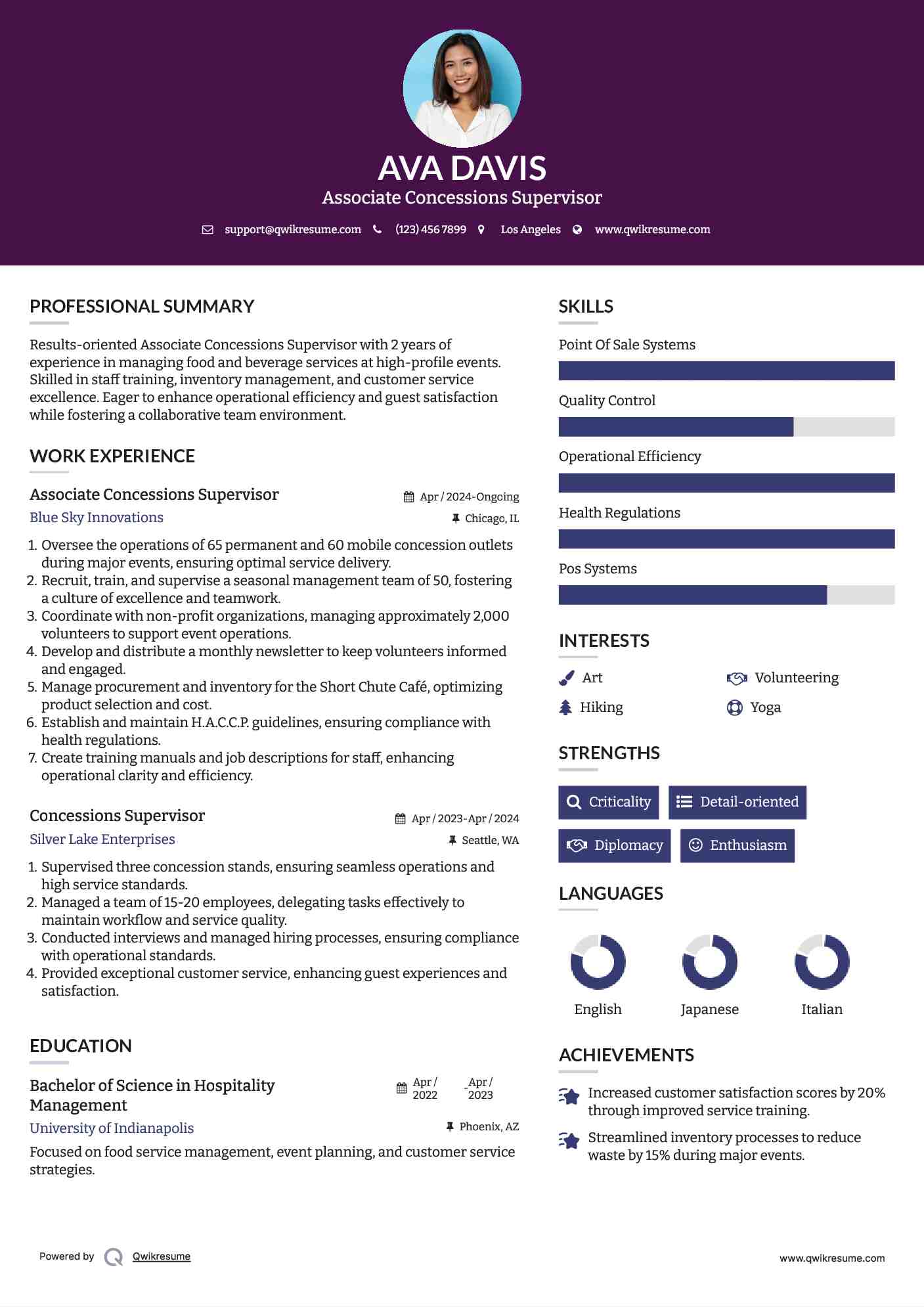 Associate Concessions Supervisor Resume Format