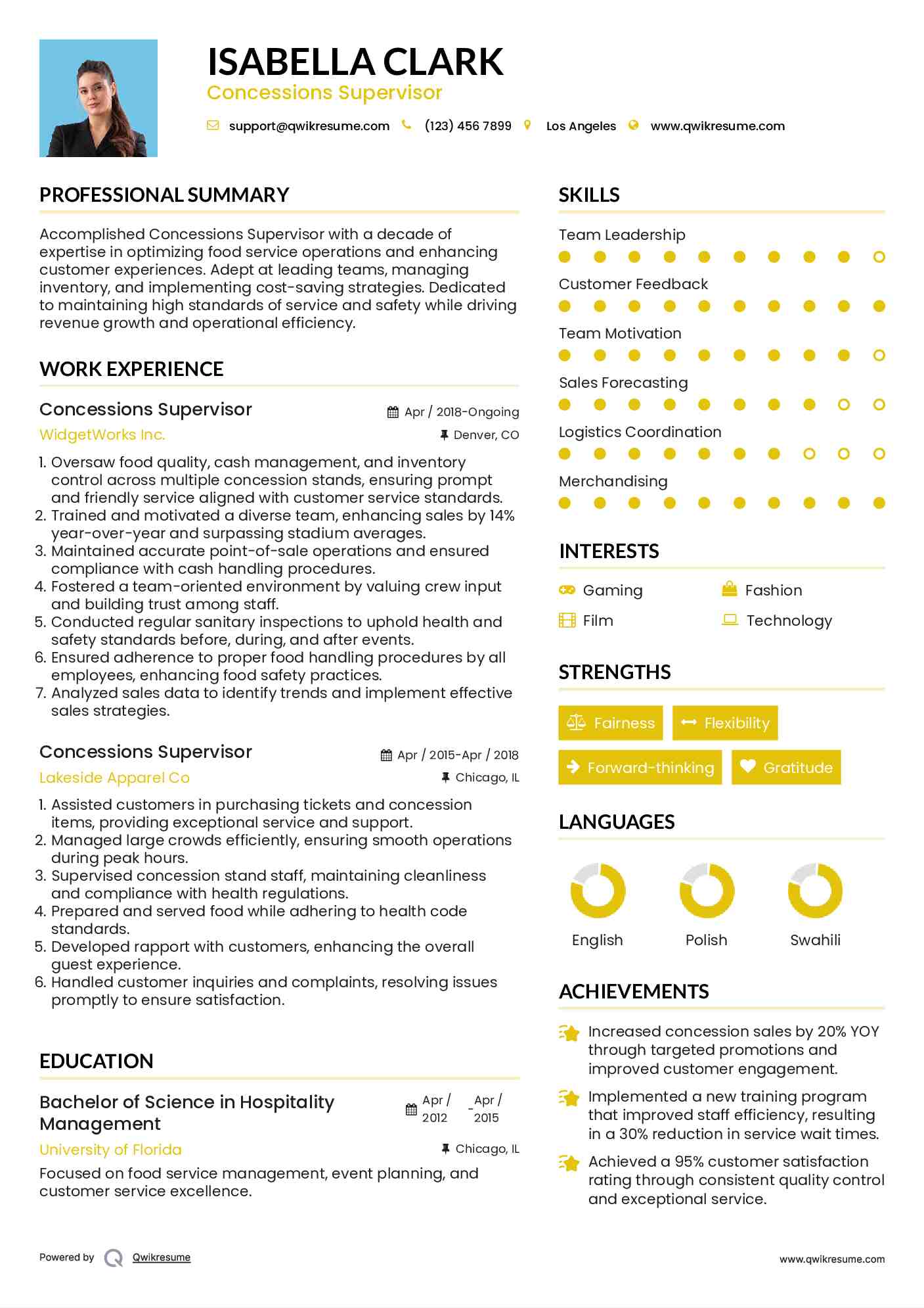 Concessions Supervisor Resume Example