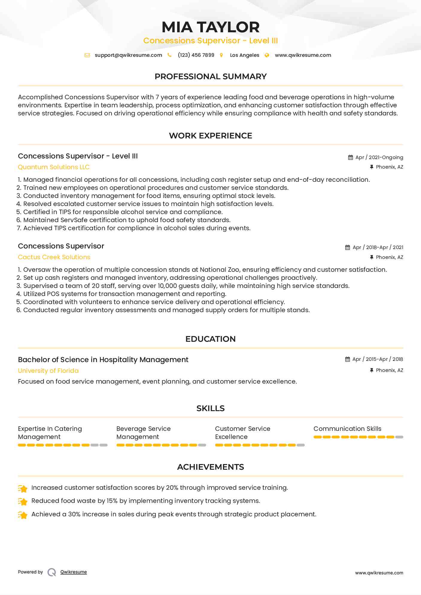 Concessions Supervisor - Level III Resume Format