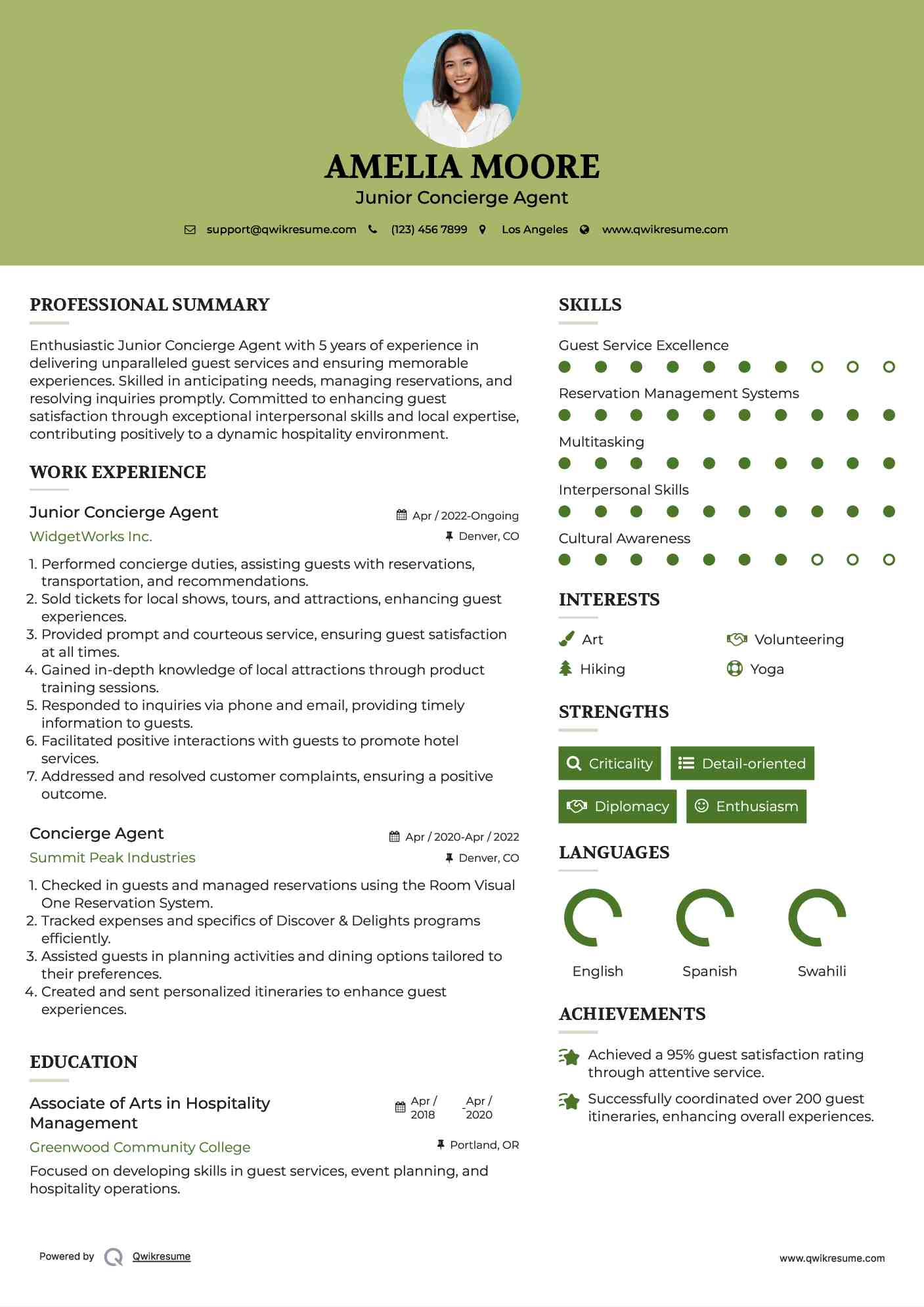 Junior Concierge Agent Resume Model