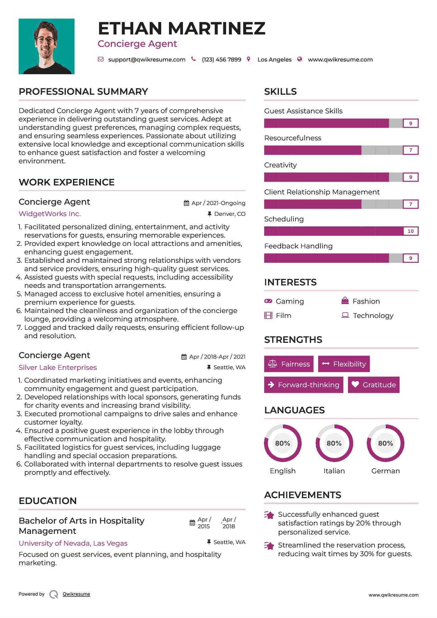 Concierge Agent Resume Format