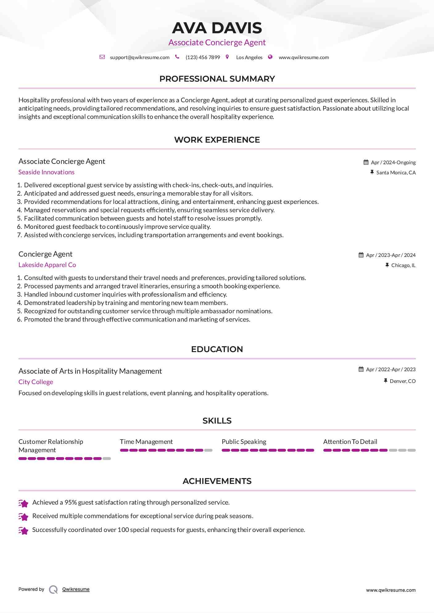 Associate Concierge Agent Resume Example