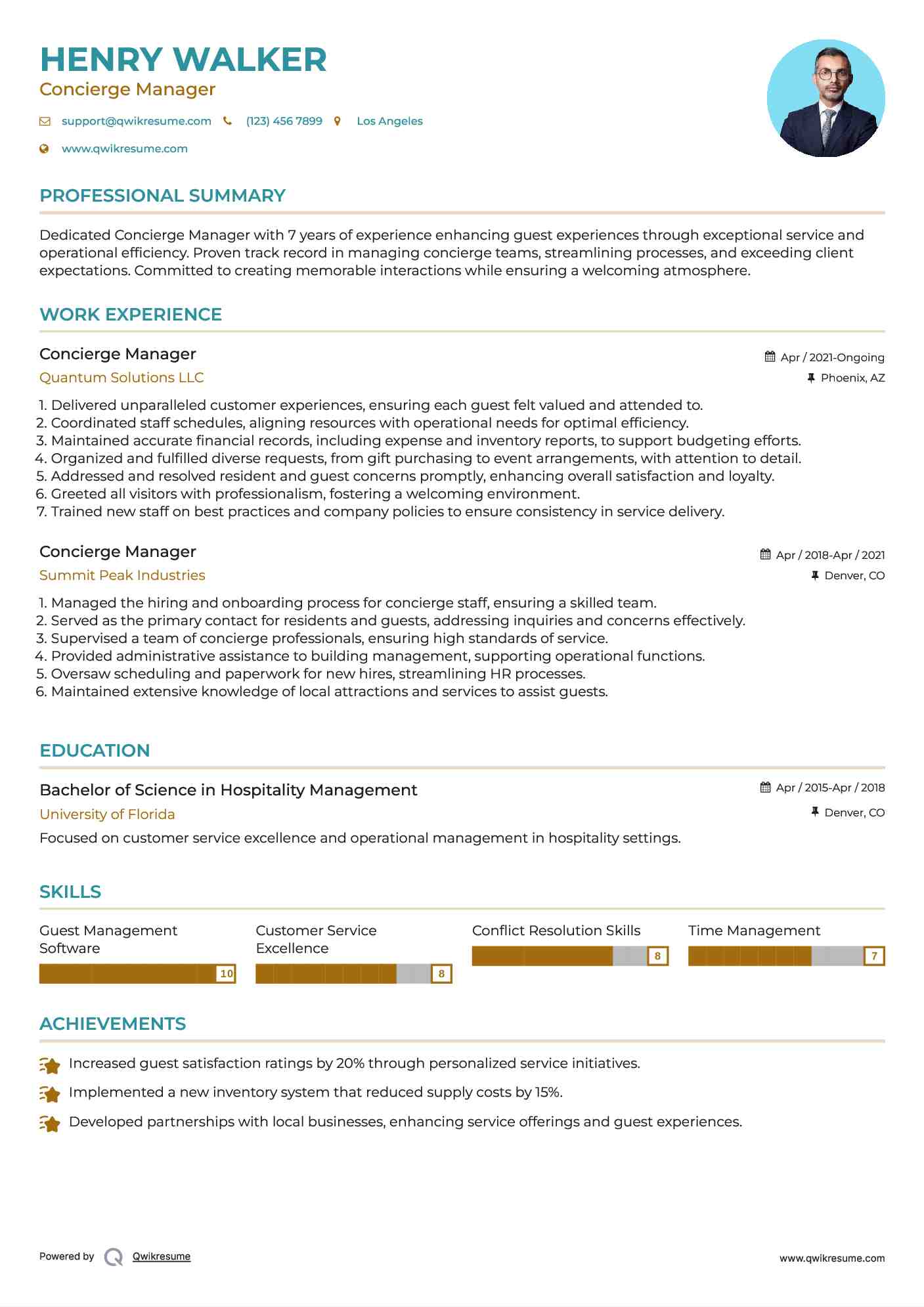 Concierge Manager Resume Template