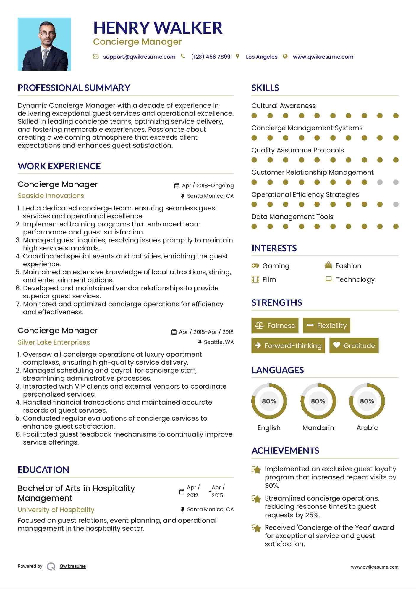Concierge Manager Resume Model