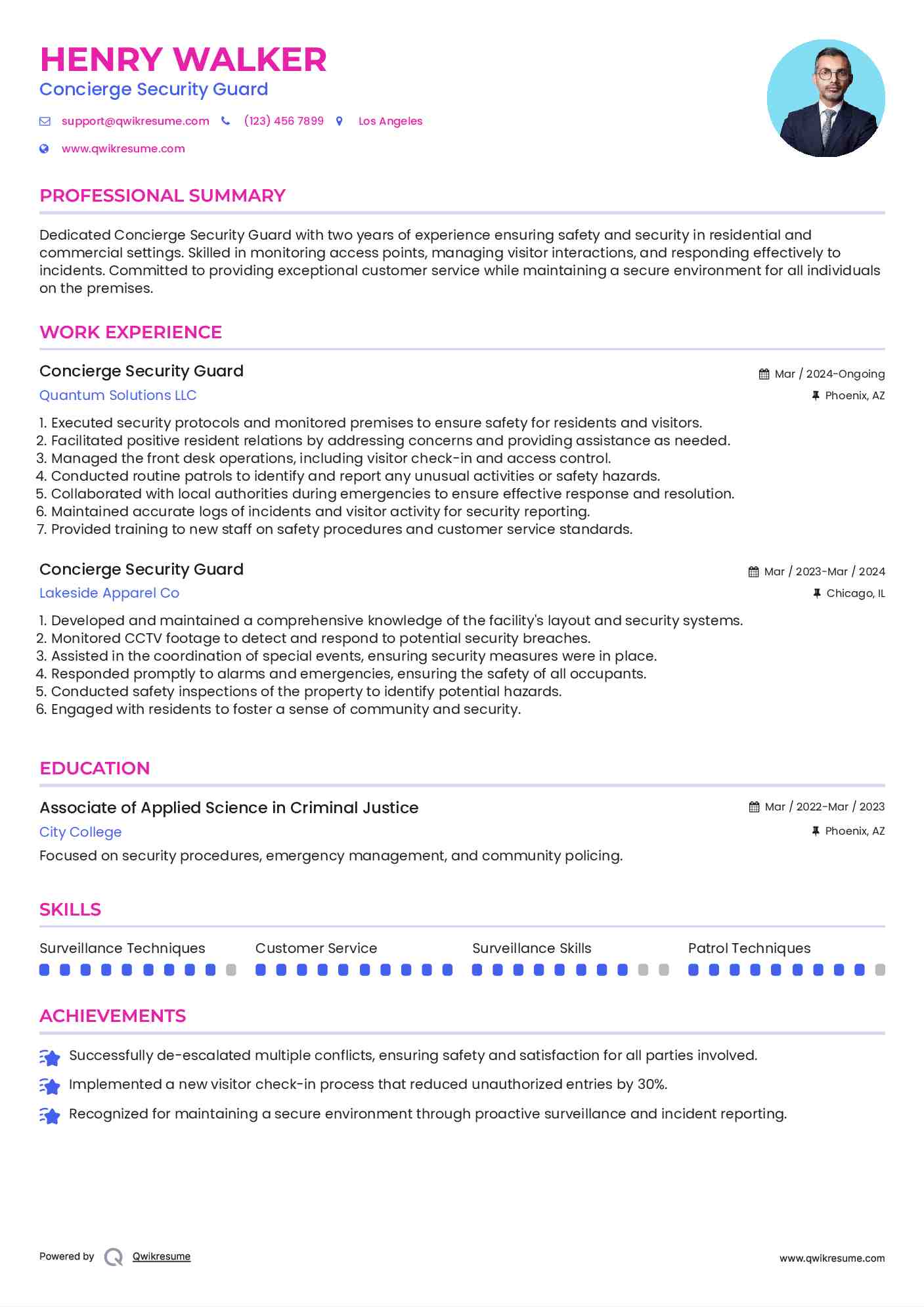 Concierge Security Guard Resume Example